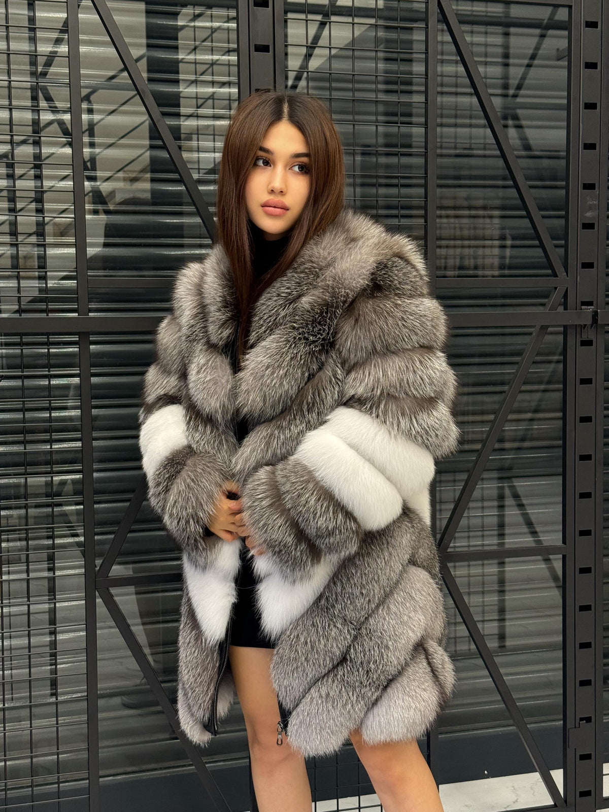 Luxury Frost Fox Fur Coat Women | Handmade Detachable Sleeves 2-in-1 Gray Frost Fox Fur Vest, Silver White Fox Fur Jacket