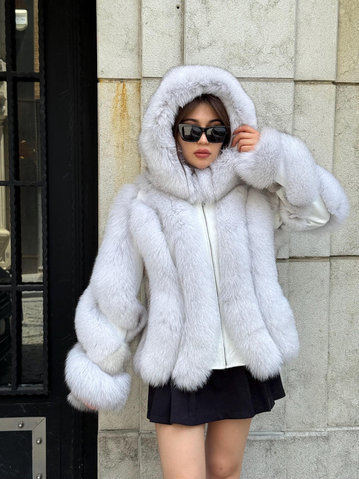 White Fox Fur Jacket, Women’s Hooded Short Fur Coat