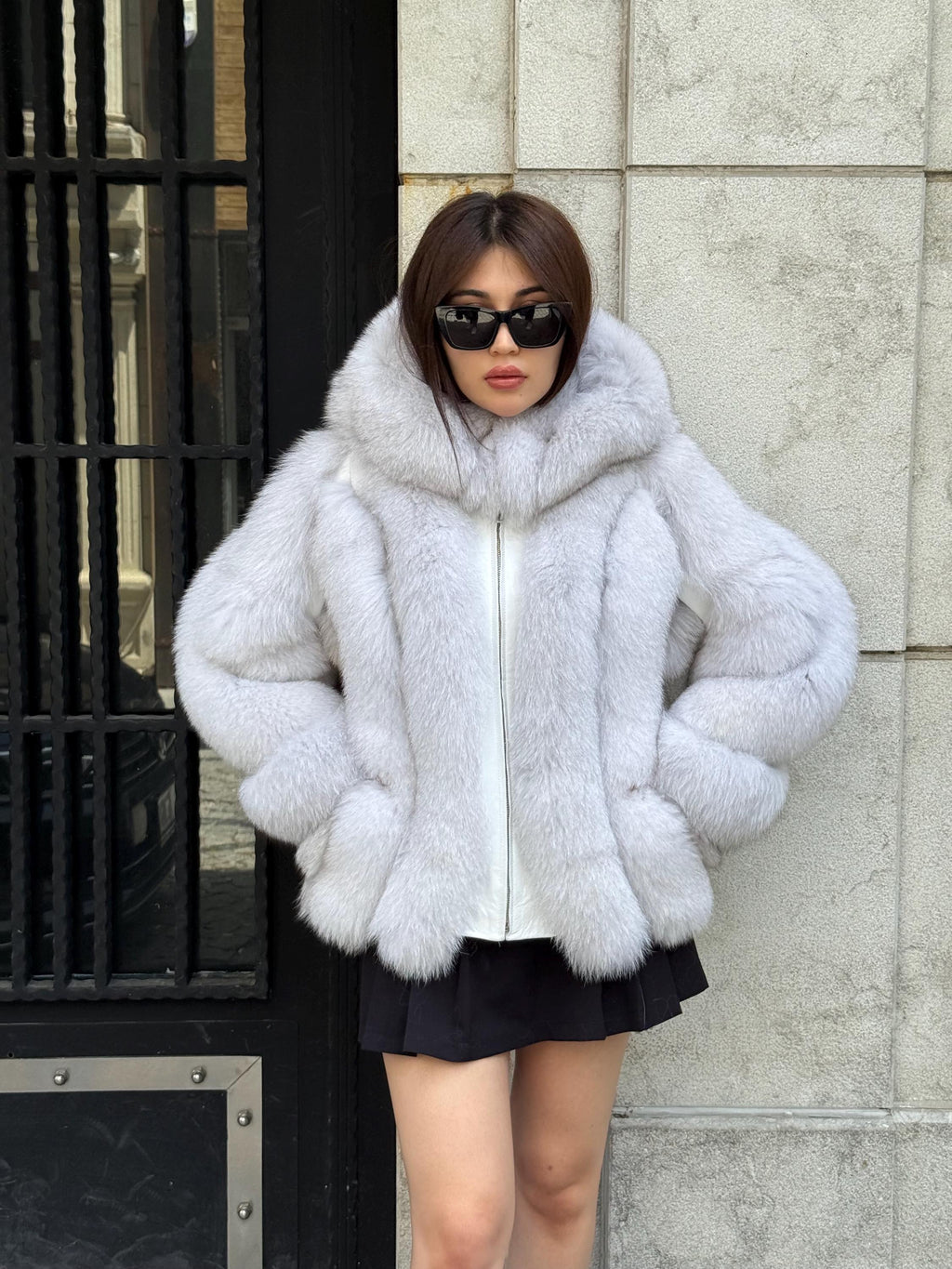White Fox Fur Jacket, Women’s Hooded Short Fur Coat