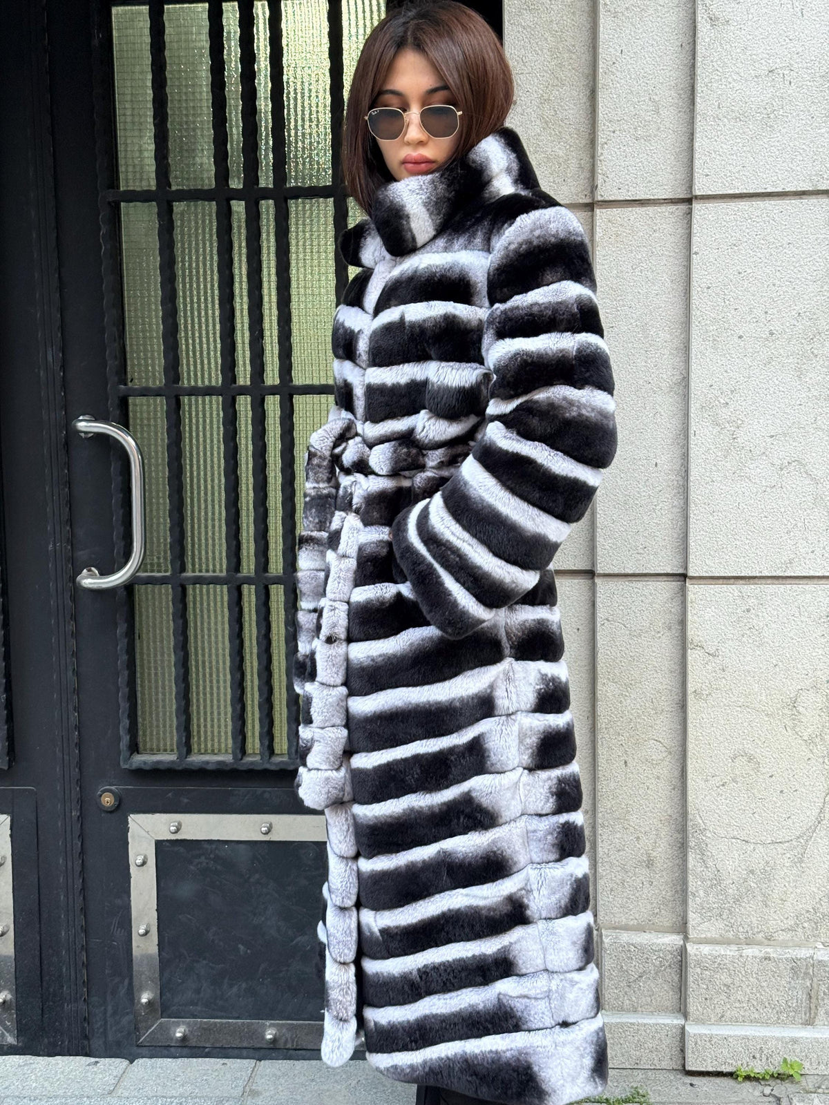 Handmade Rex Rabbit Fur Coat: Chinchilla Pattern, Full-Length Luxury Long Coat