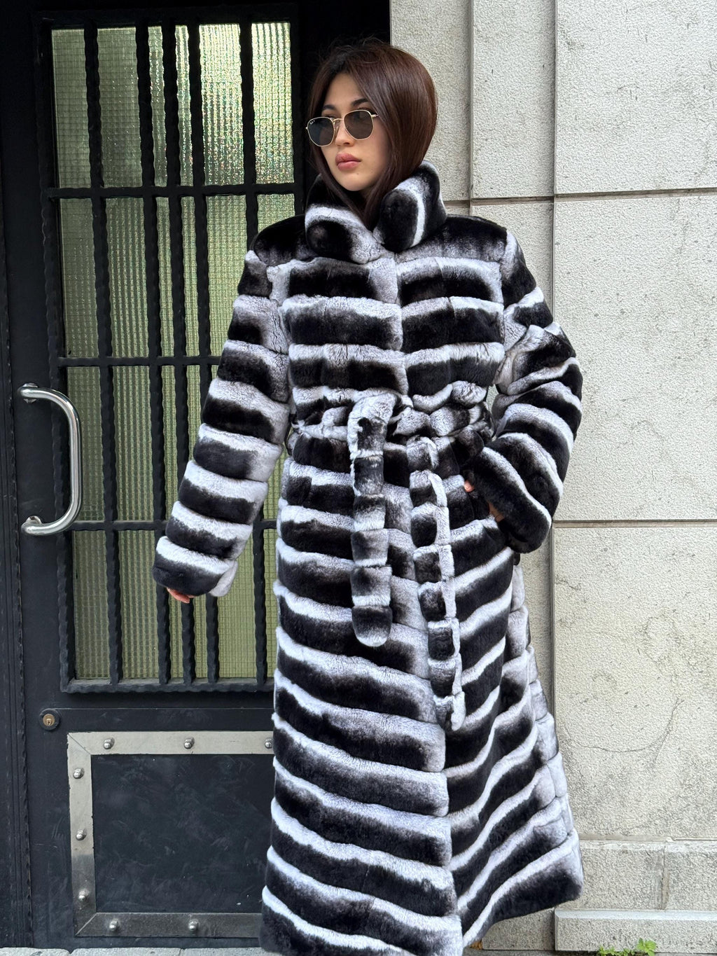 Handmade Rex Rabbit Fur Coat: Chinchilla Pattern, Full-Length Luxury Long Coat