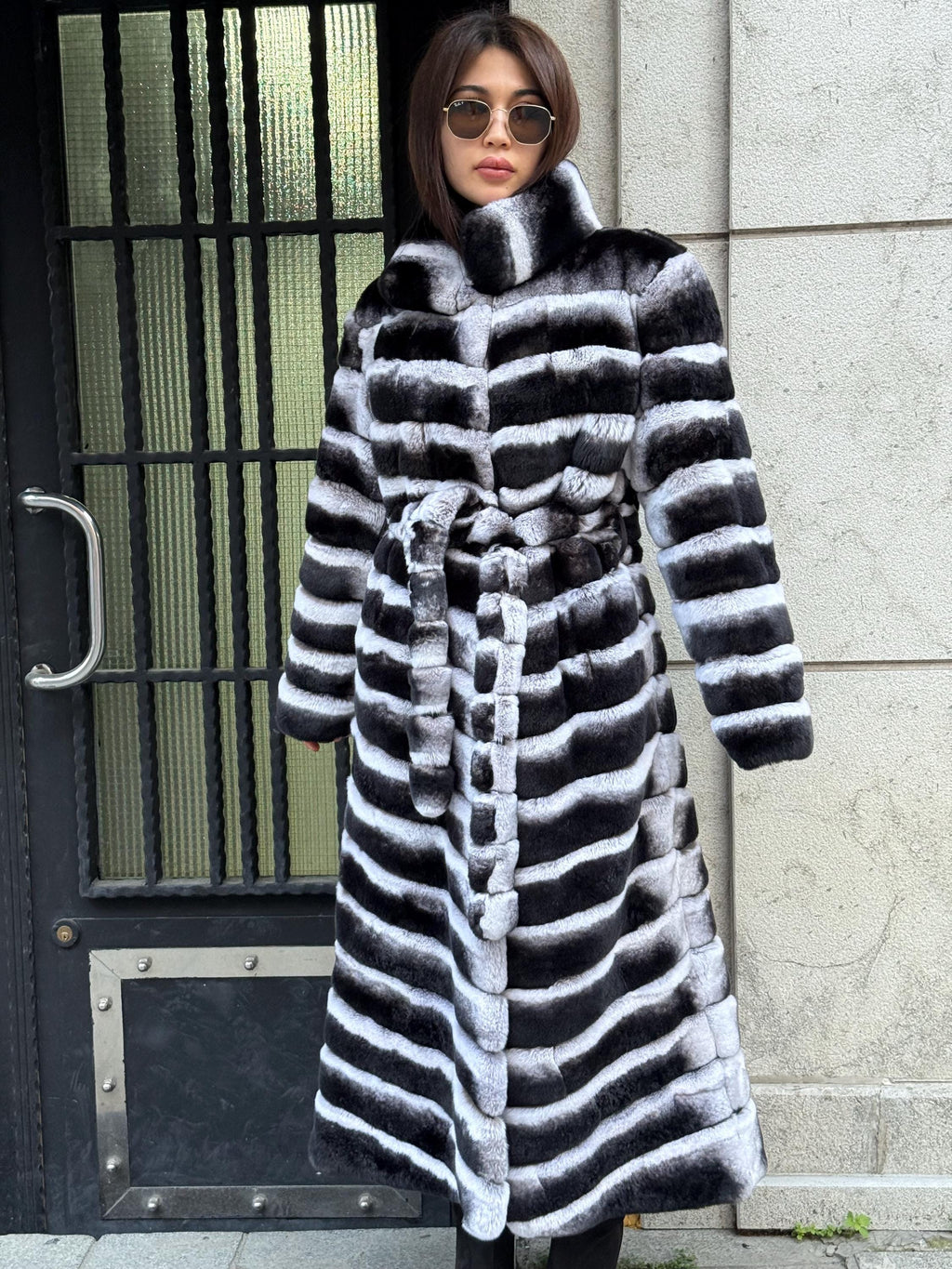 Handmade Rex Rabbit Fur Coat: Chinchilla Pattern, Full-Length Luxury Long Coat