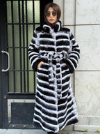 Handmade Rex Rabbit Fur Coat: Chinchilla Pattern, Full-Length Luxury Long Coat