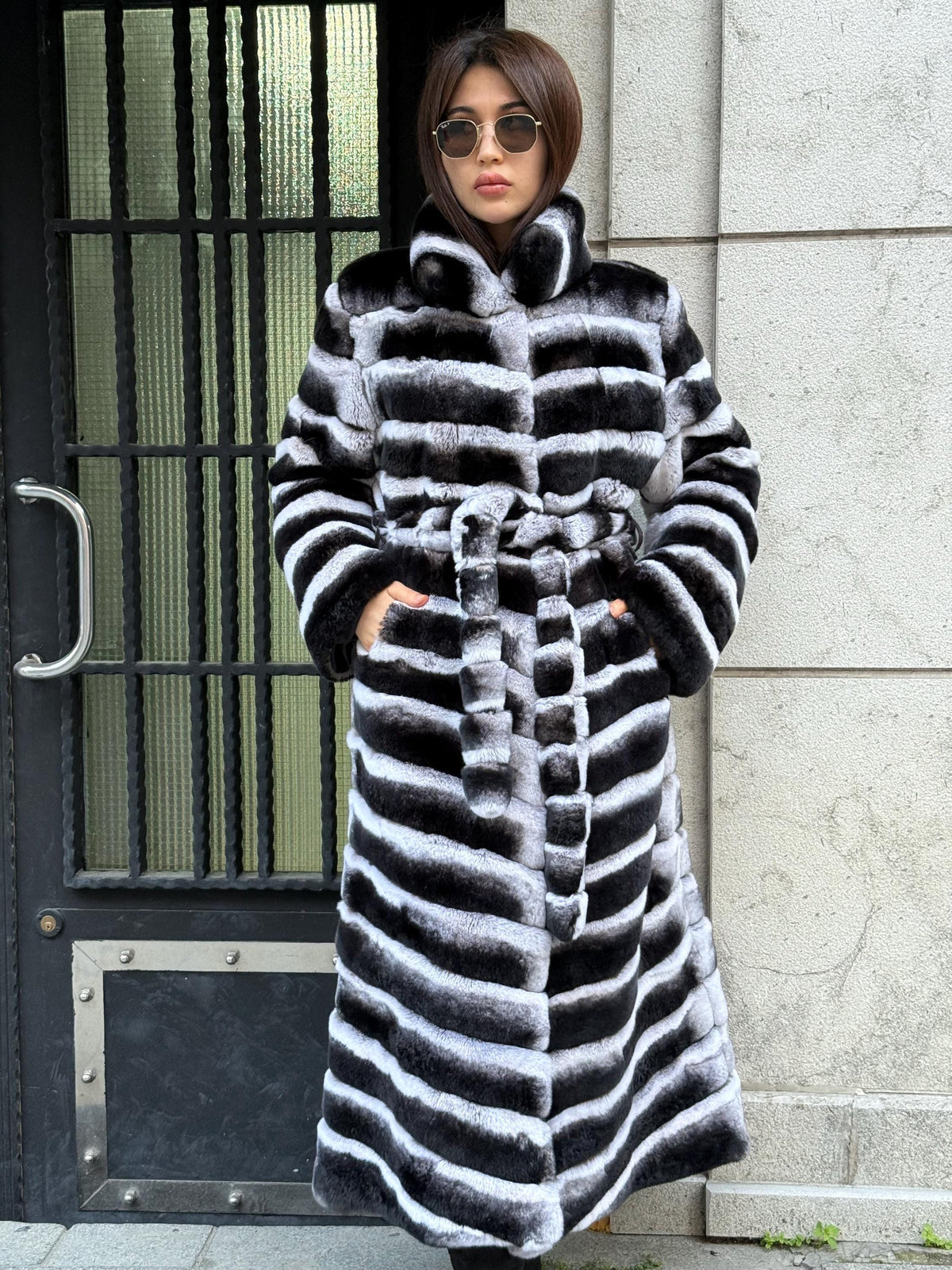 Handmade Rex Rabbit Fur Coat: Chinchilla Pattern, Full-Length Luxury Long Coat