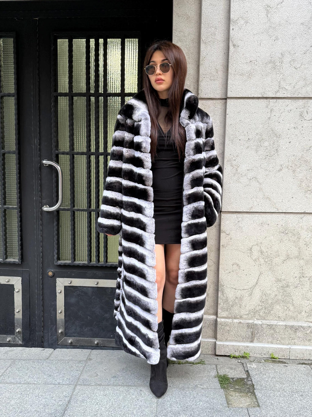 Handmade Rex Rabbit Fur Coat: Chinchilla Pattern, Full-Length Luxury Long Coat