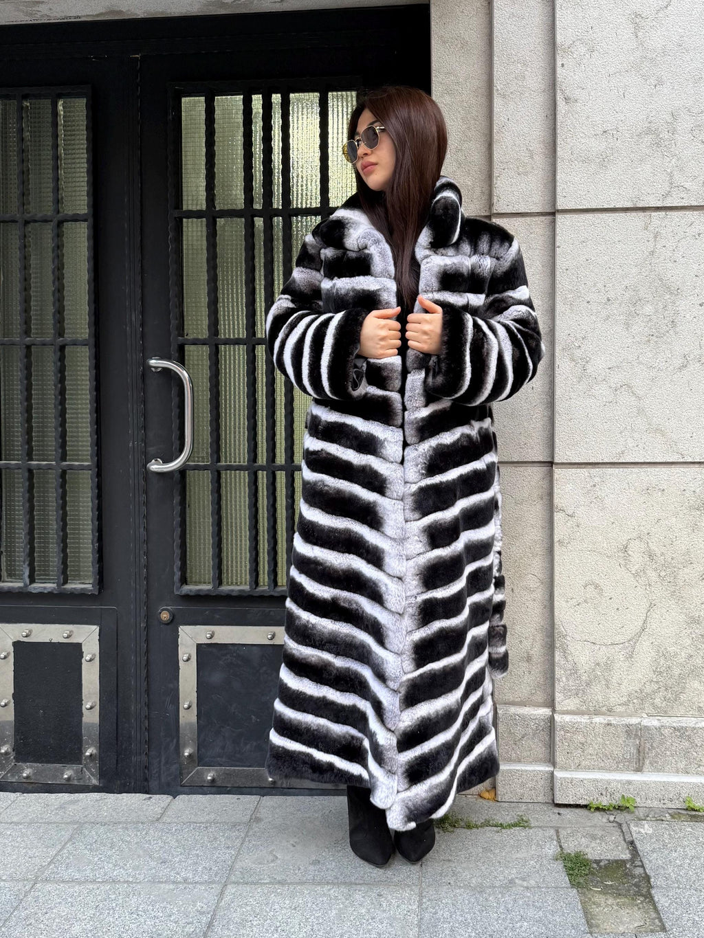 Handmade Rex Rabbit Fur Coat: Chinchilla Pattern, Full-Length Luxury Long Coat