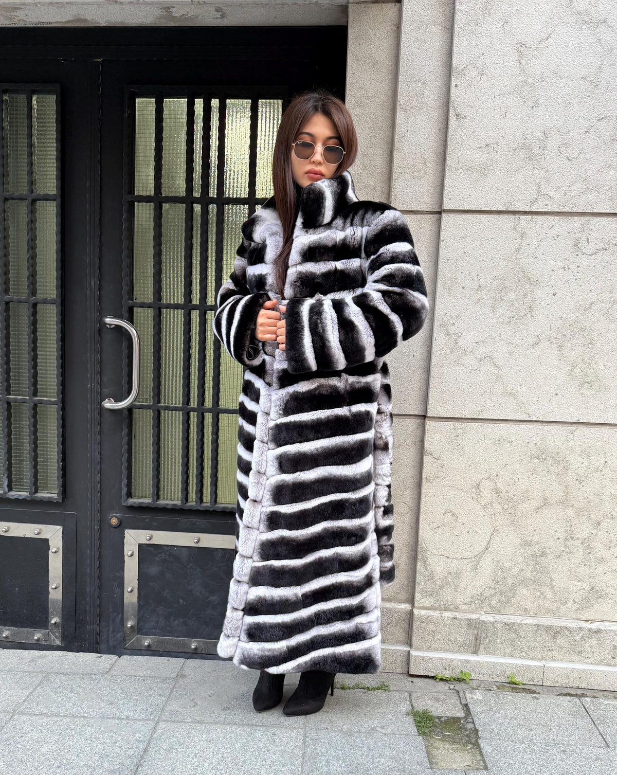 Handmade Rex Rabbit Fur Coat: Chinchilla Pattern, Full-Length Luxury Long Coat