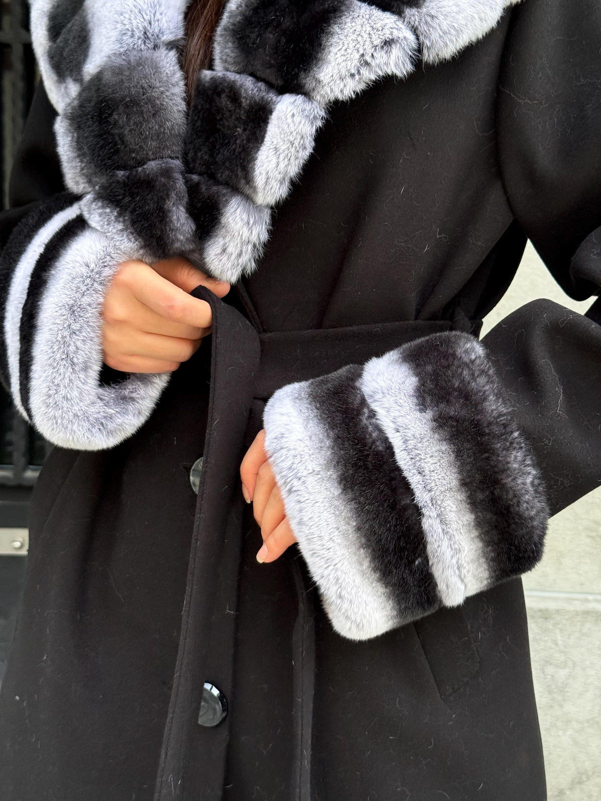 Black Long Cashmere Coat, Collar Cuffs Detachable Rabbit Rex Fur , Handmade Women Winter Coat