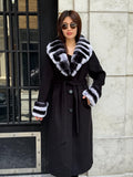 Black Long Cashmere Coat, Collar Cuffs Detachable Rabbit Rex Fur , Handmade Women Winter Coat