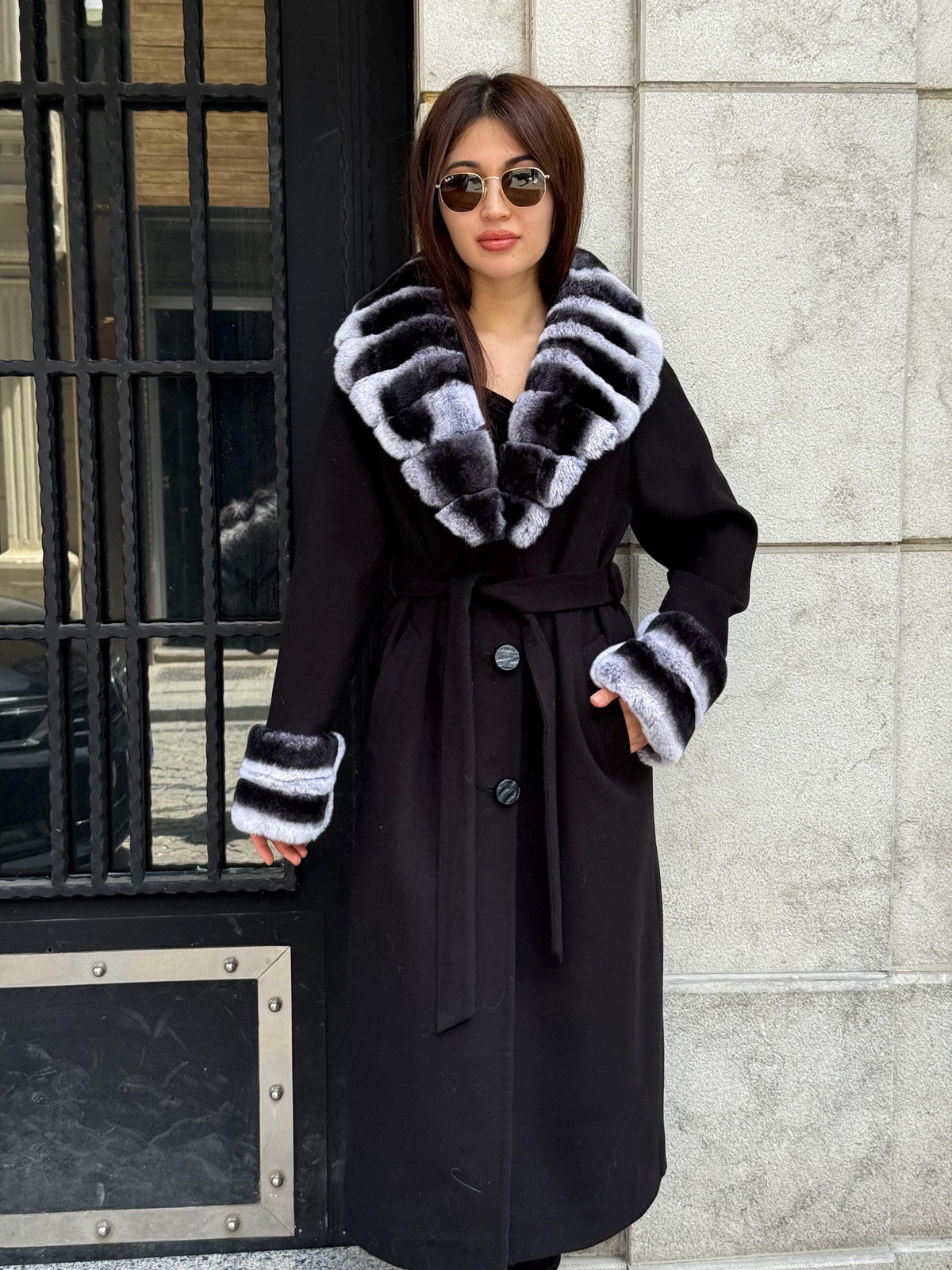Black Long Cashmere Coat, Collar Cuffs Detachable Rabbit Rex Fur , Handmade Women Winter Coat