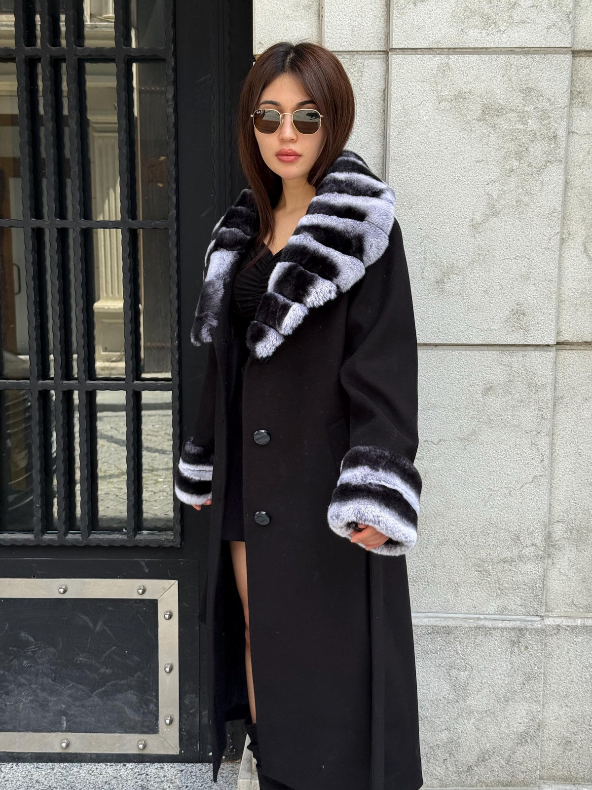 Black Long Cashmere Coat, Collar Cuffs Detachable Rabbit Rex Fur , Handmade Women Winter Coat