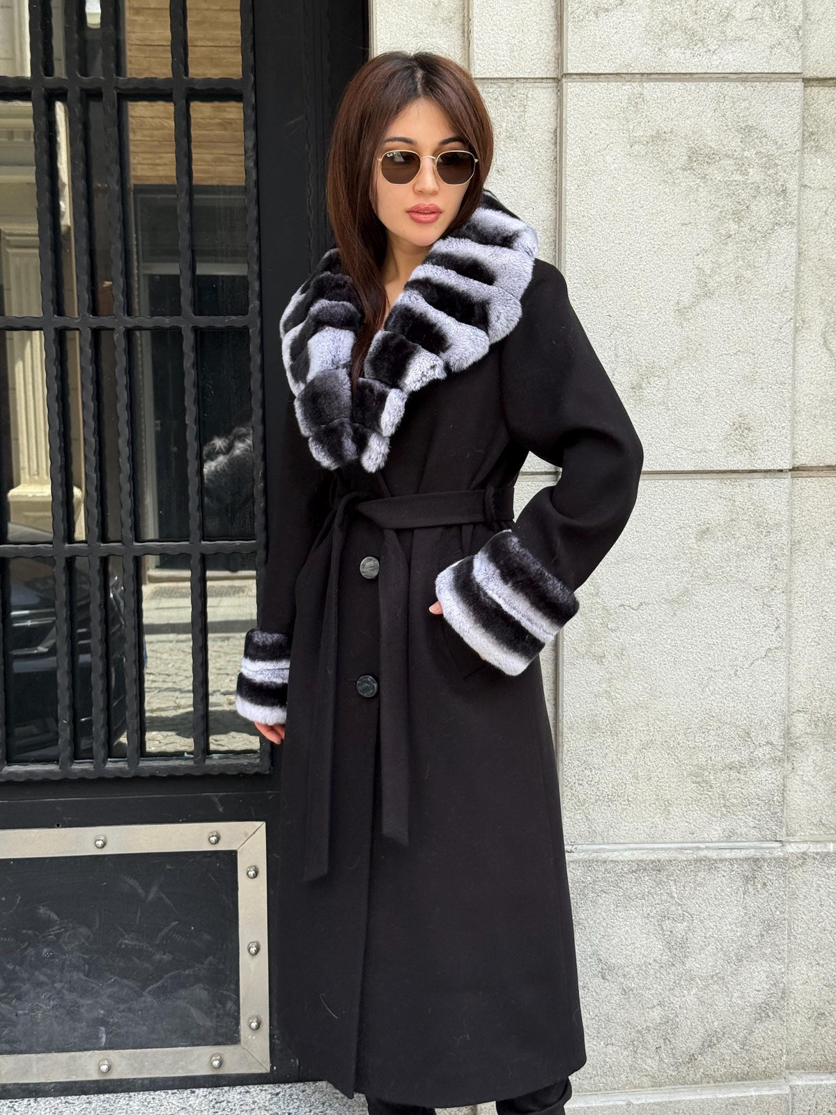 Black Long Cashmere Coat, Collar Cuffs Detachable Rabbit Rex Fur , Handmade Women Winter Coat
