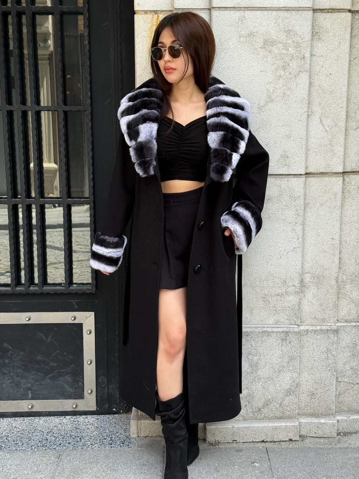 Black Long Cashmere Coat, Collar Cuffs Detachable Rabbit Rex Fur , Handmade Women Winter Coat