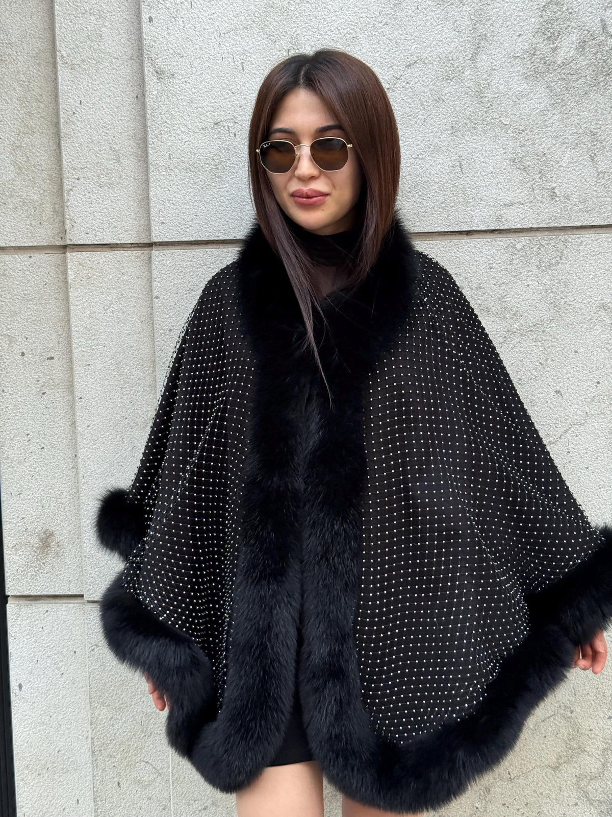Black Cashmere Cape with Fox Fur Trim: Crystal Embellished Poncho