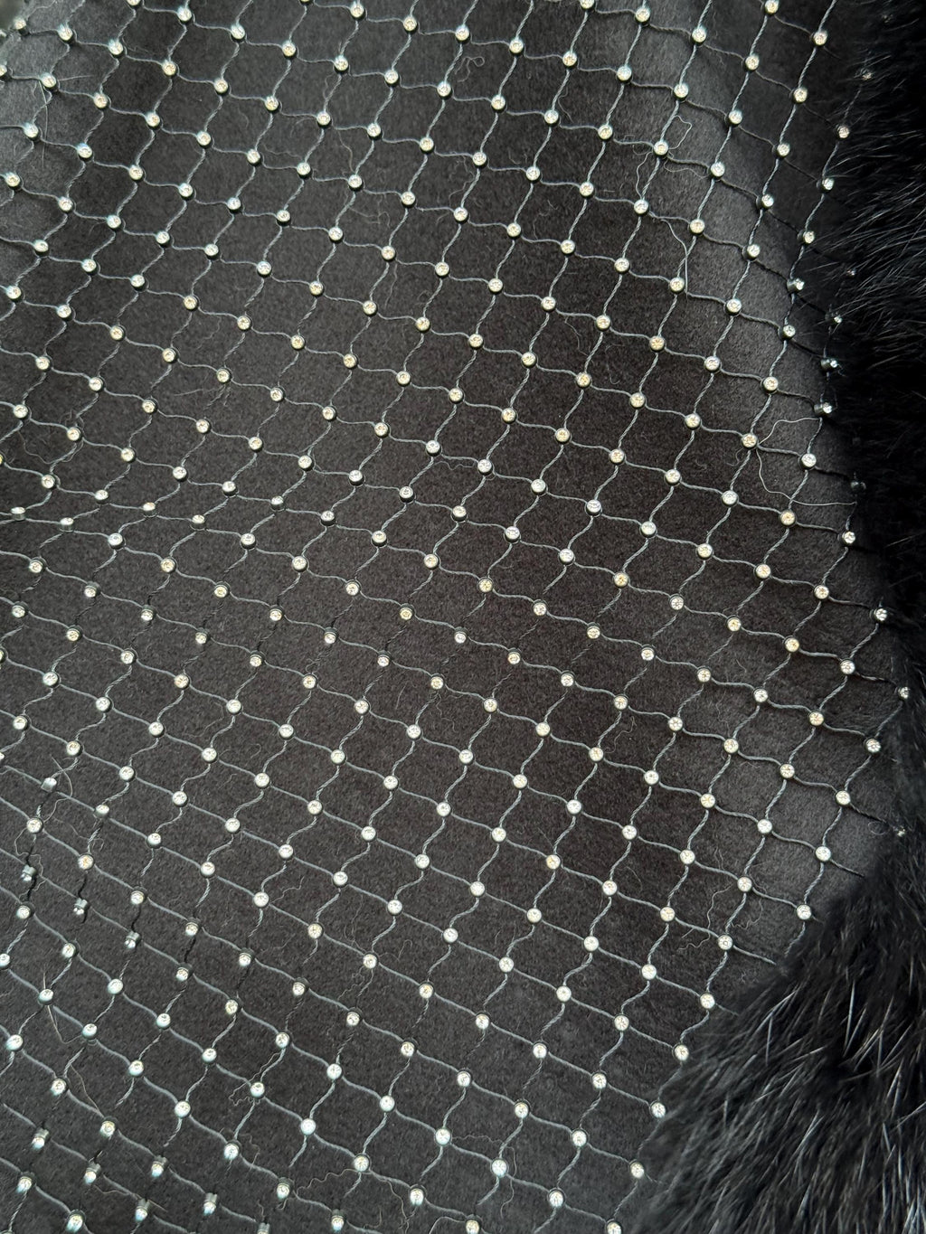 Black Cashmere Cape with Fox Fur Trim: Crystal Embellished Poncho
