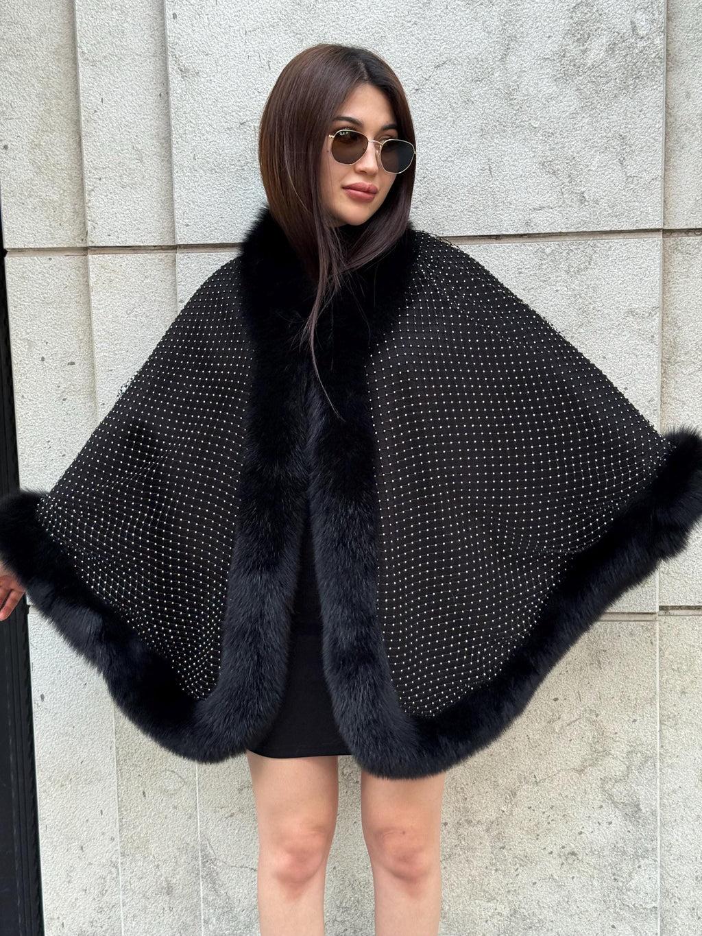 Black Cashmere Cape with Fox Fur Trim: Crystal Embellished Poncho