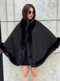 Black Cashmere Cape with Fox Fur Trim: Crystal Embellished Poncho