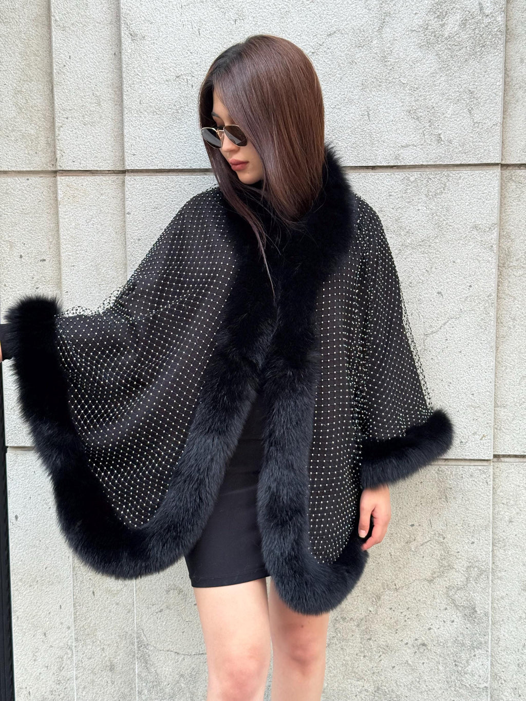 Black Cashmere Cape with Fox Fur Trim: Crystal Embellished Poncho