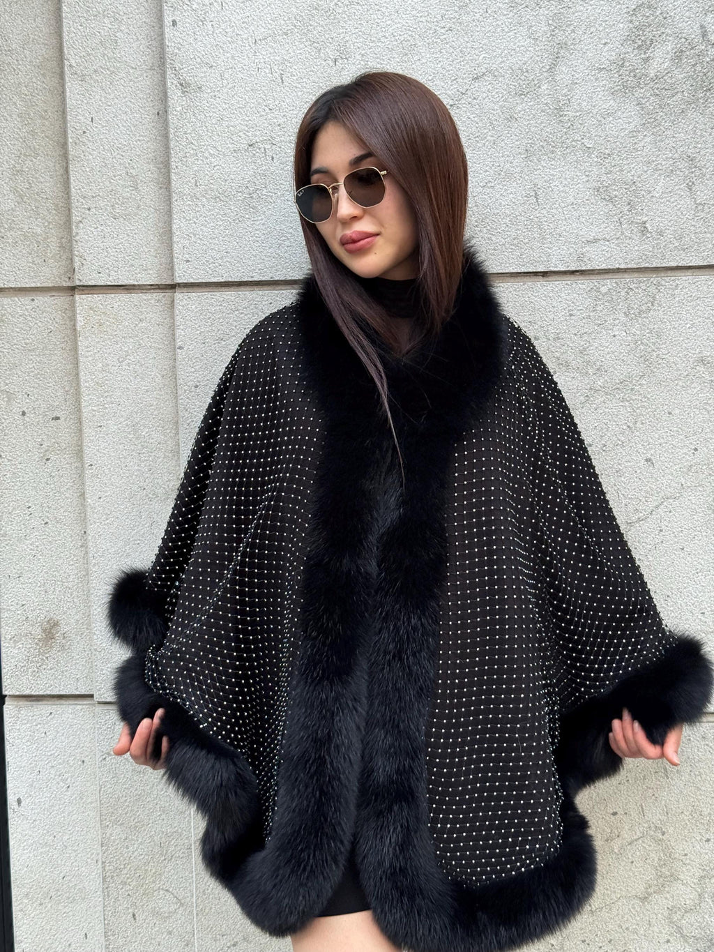 Black Cashmere Cape with Fox Fur Trim: Crystal Embellished Poncho