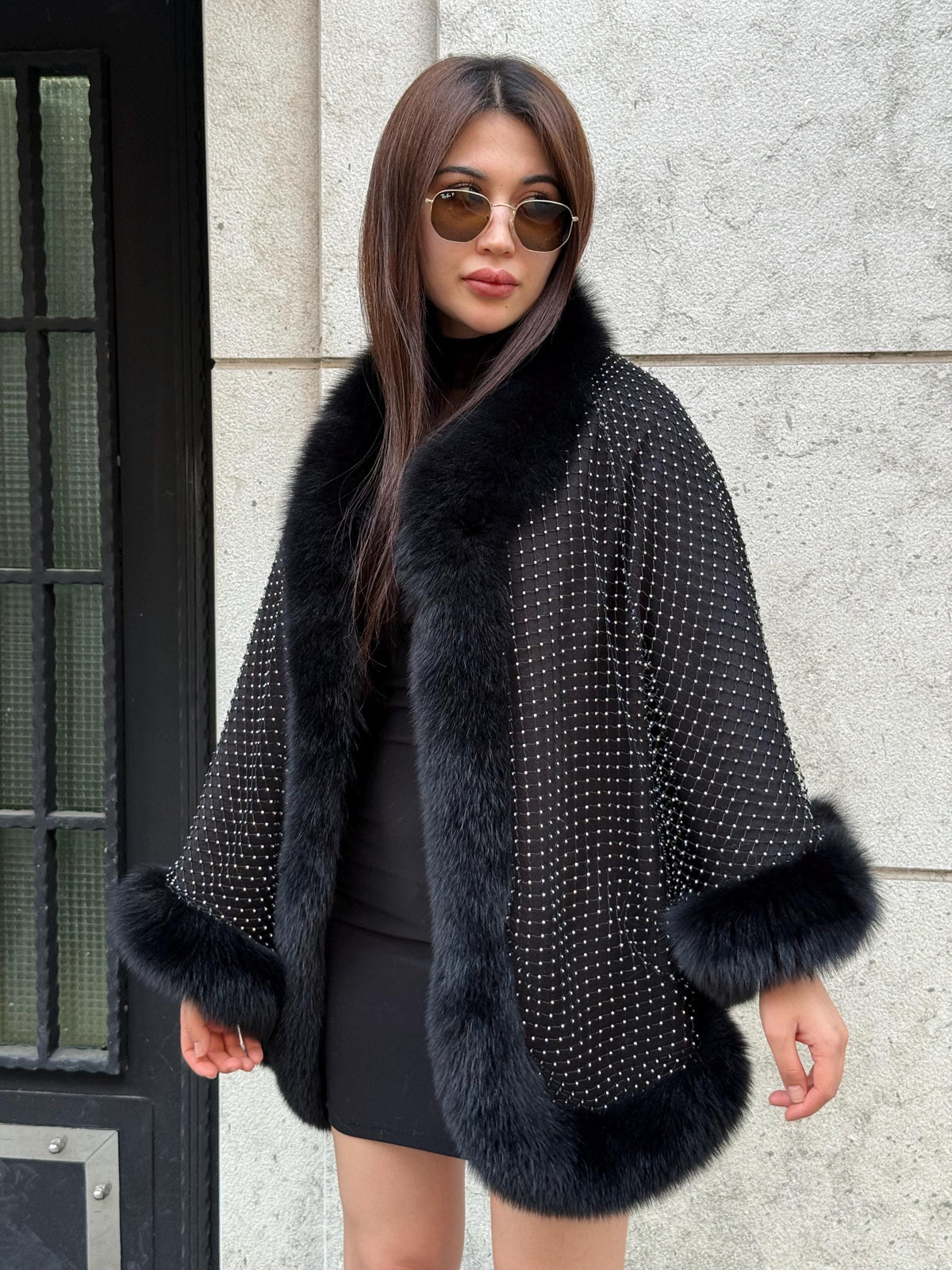 Black Cashmere Cape with Fox Fur Trim: Crystal Embellished Poncho