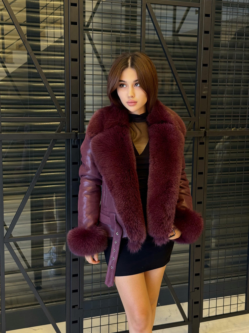 Women’s Burgundy Shearling Coat, Handmade Short Lambskin Front - Fox Fur Jacket