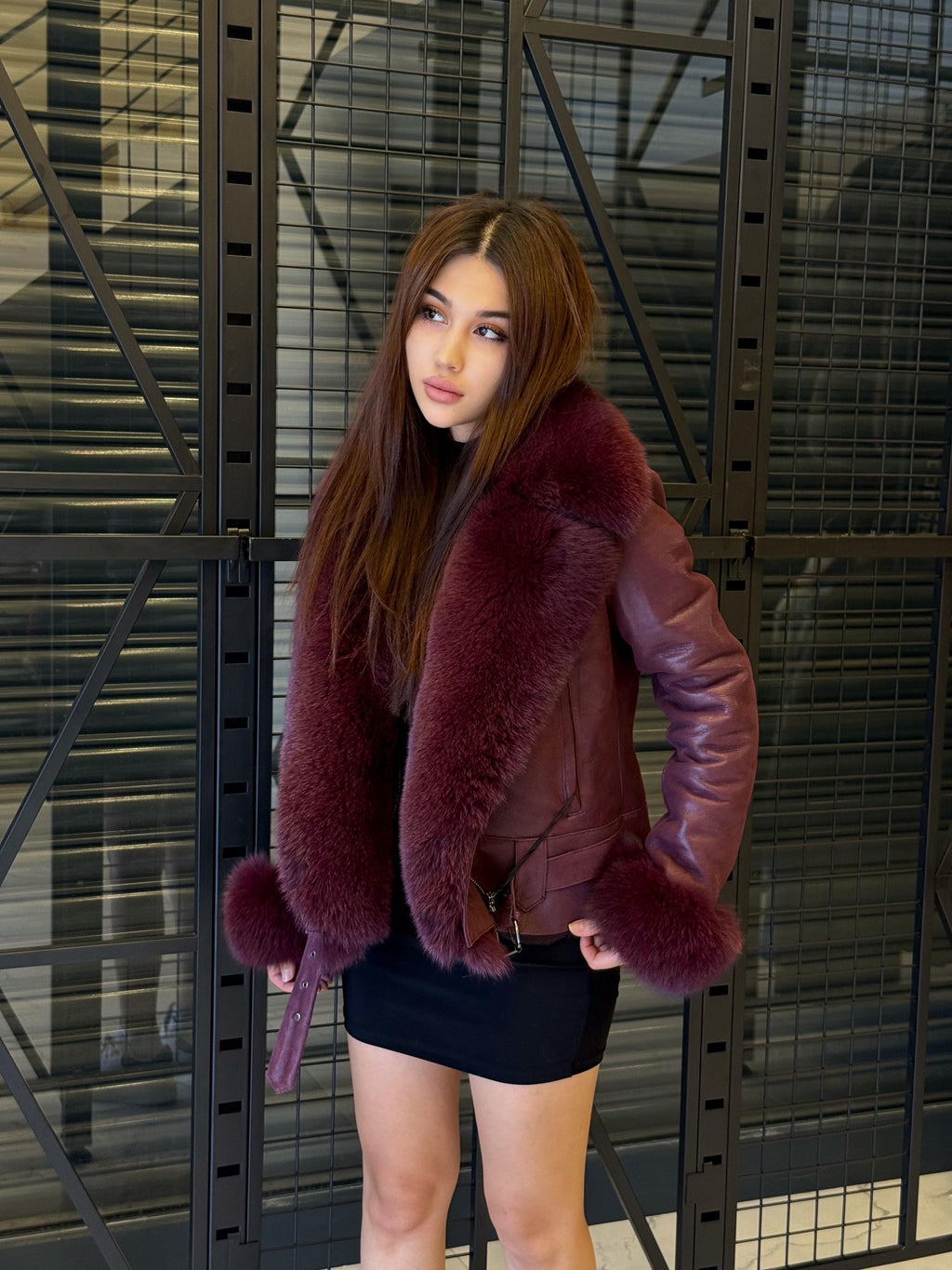 Women’s Burgundy Shearling Coat, Handmade Short Lambskin Front - Fox Fur Jacket