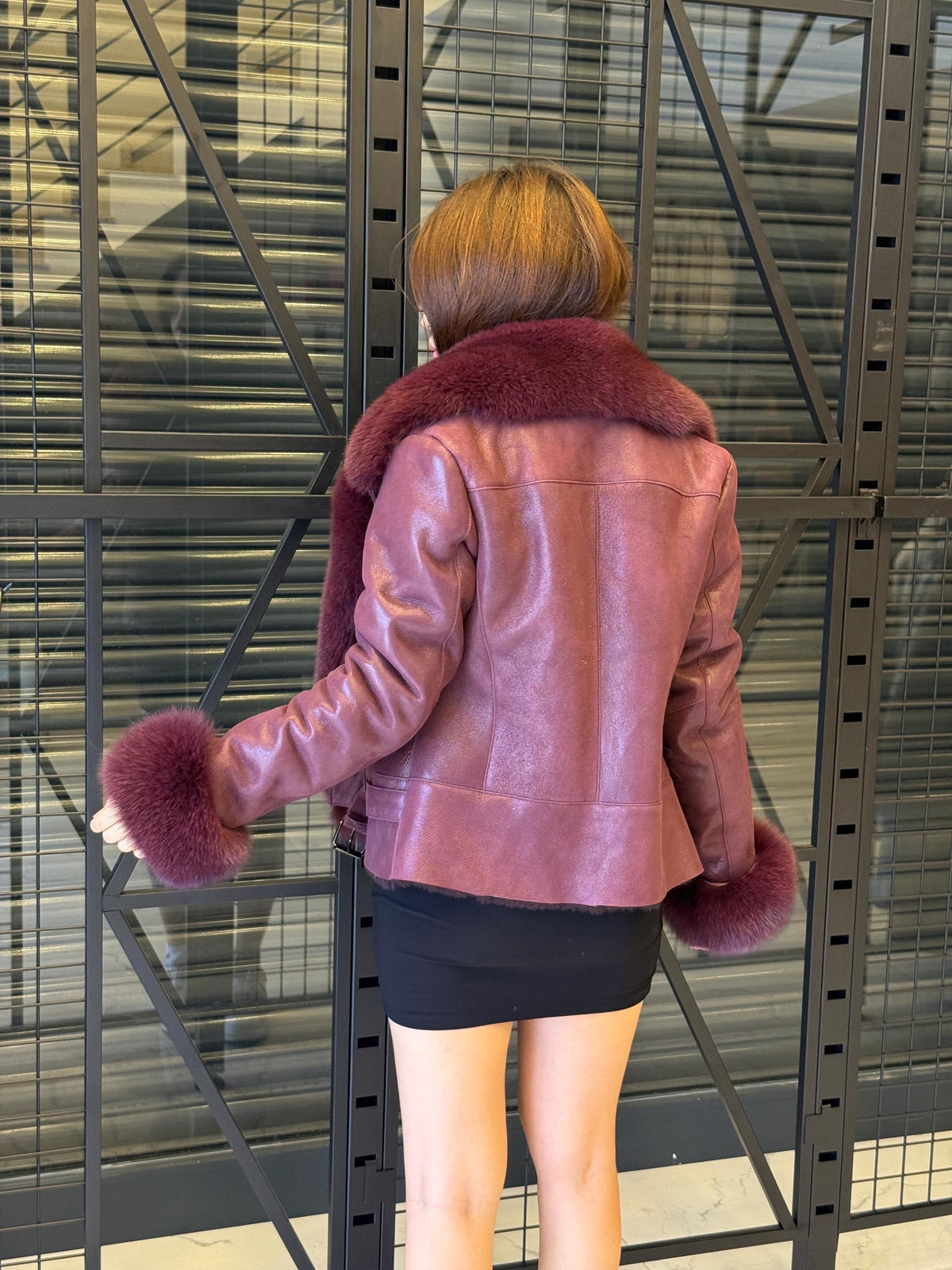 Women’s Burgundy Shearling Coat, Handmade Short Lambskin Front - Fox Fur Jacket