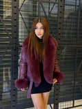 Women’s Burgundy Shearling Coat, Handmade Short Lambskin Front - Fox Fur Jacket