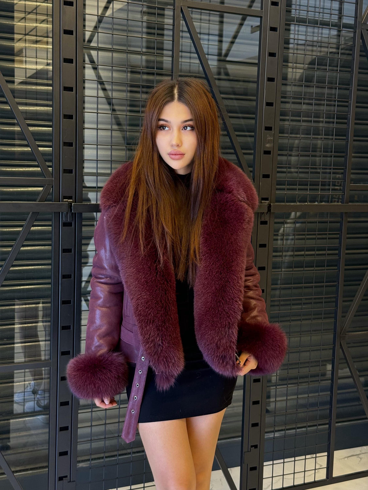 Women’s Burgundy Shearling Coat, Handmade Short Lambskin Front - Fox Fur Jacket