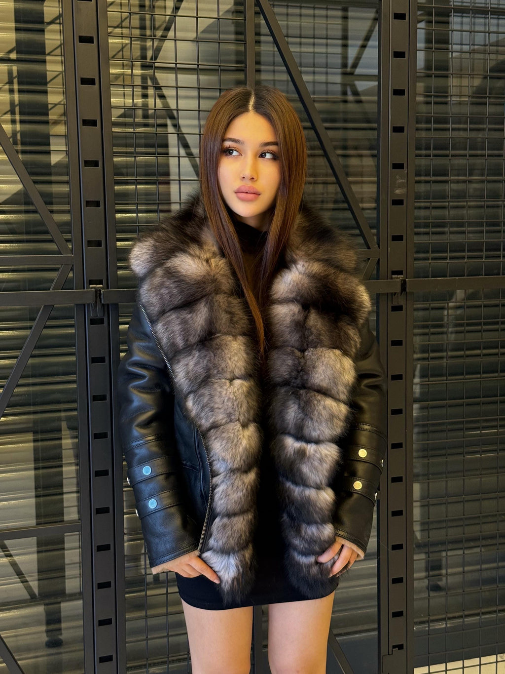 Handmade Black Shearling Front Fox Fur Jacket , Women Lamb Fur Coat