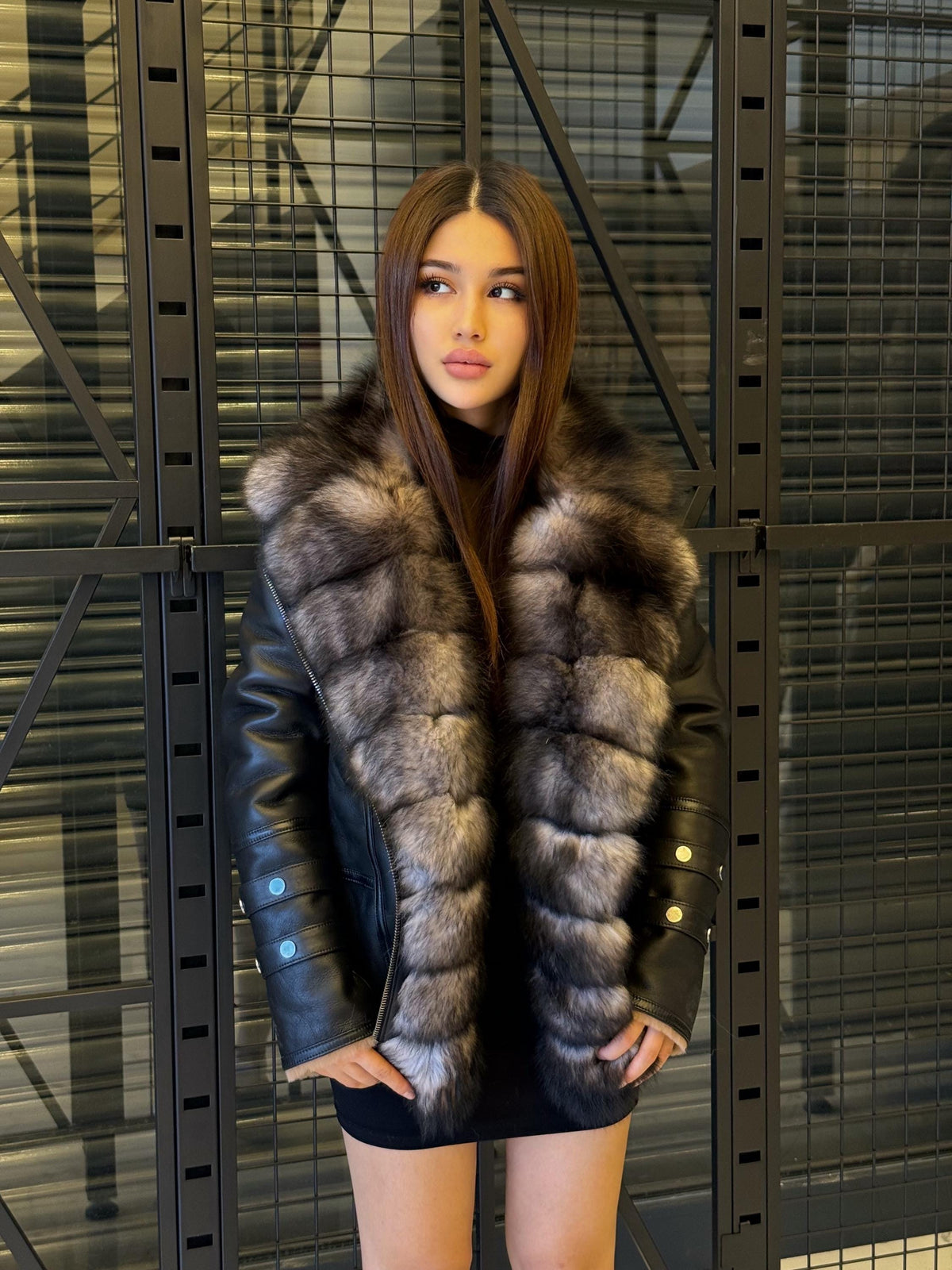 Handmade Black Shearling Front Fox Fur Jacket , Women Lamb Fur Coat