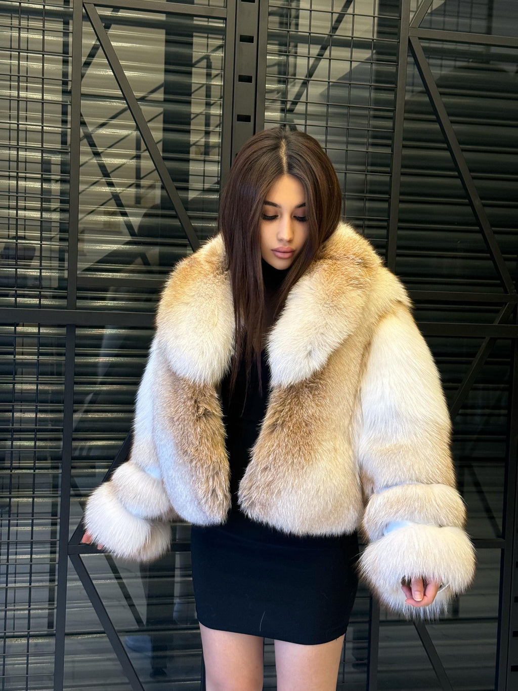 Handmade Gold & White Fox Fur Coat, Luxury Winter Women Jacket