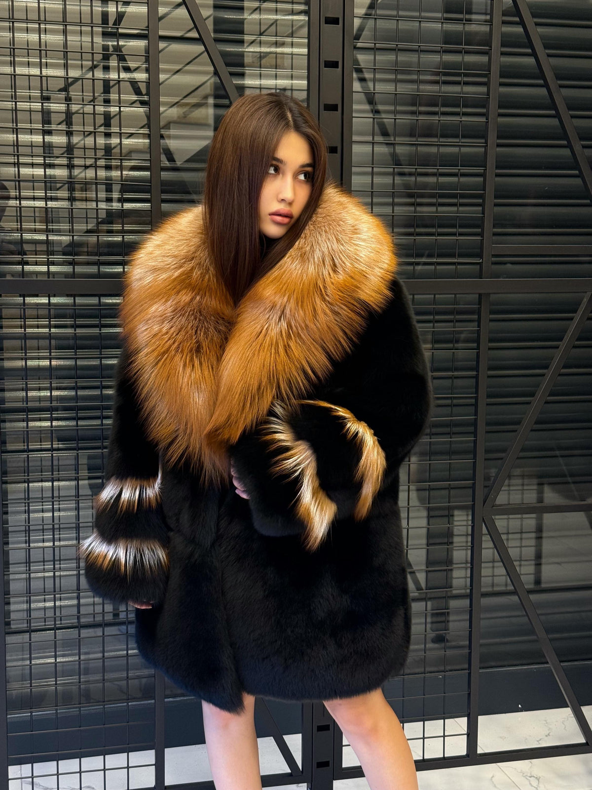 Handmade Black Fox Fur Coat: Golden Collar Luxury Winter Jacket