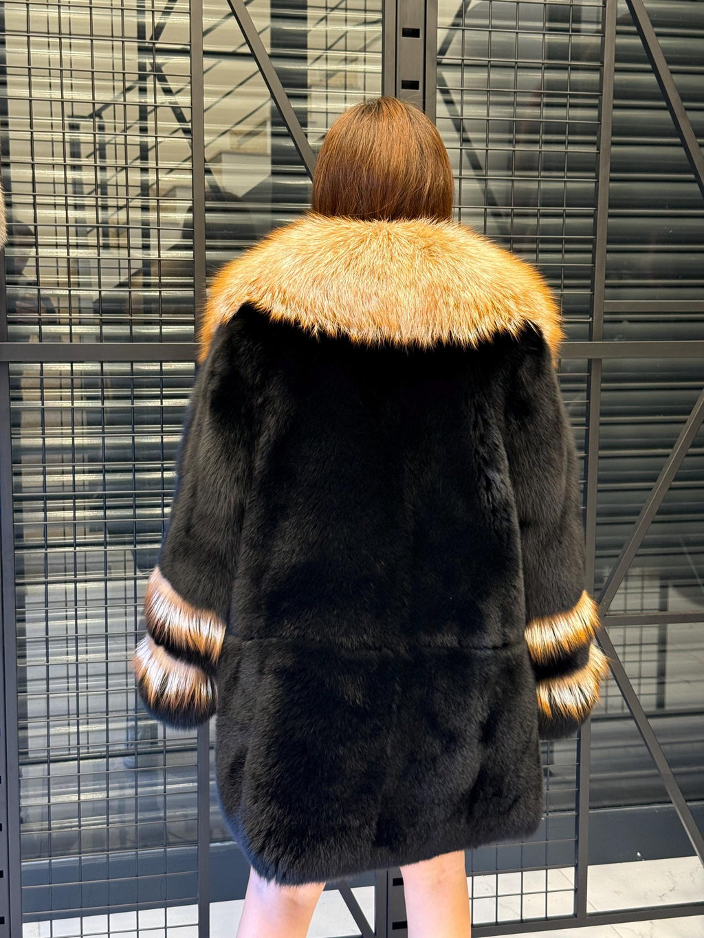 Handmade Black Fox Fur Coat: Golden Collar Luxury Winter Jacket