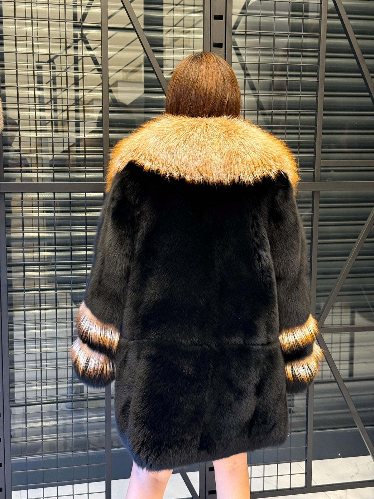 Handmade Black Fox Fur Coat: Golden Collar Luxury Winter Jacket