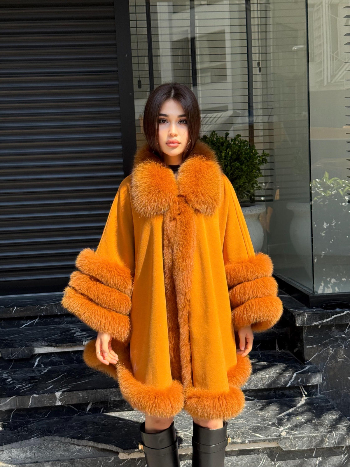 Mustard Cashmere Cape with Fox Fur Trim: Handmade Luxury Winter Shawl. Fox fur Jacket. Fox Fur shawl . Fox Fur Cape