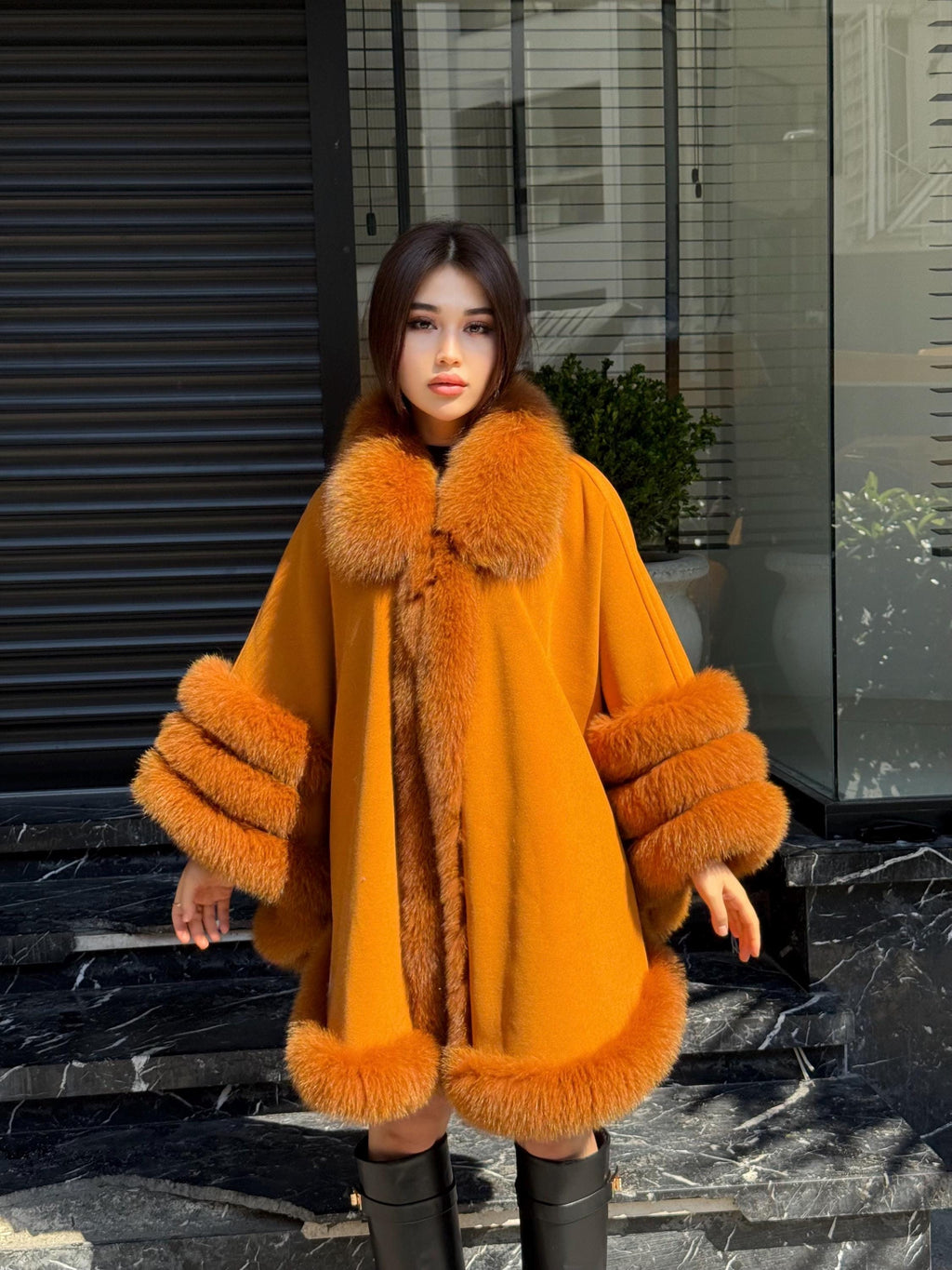 Mustard Cashmere Cape with Fox Fur Trim: Handmade Luxury Winter Shawl. Fox fur Jacket. Fox Fur shawl . Fox Fur Cape