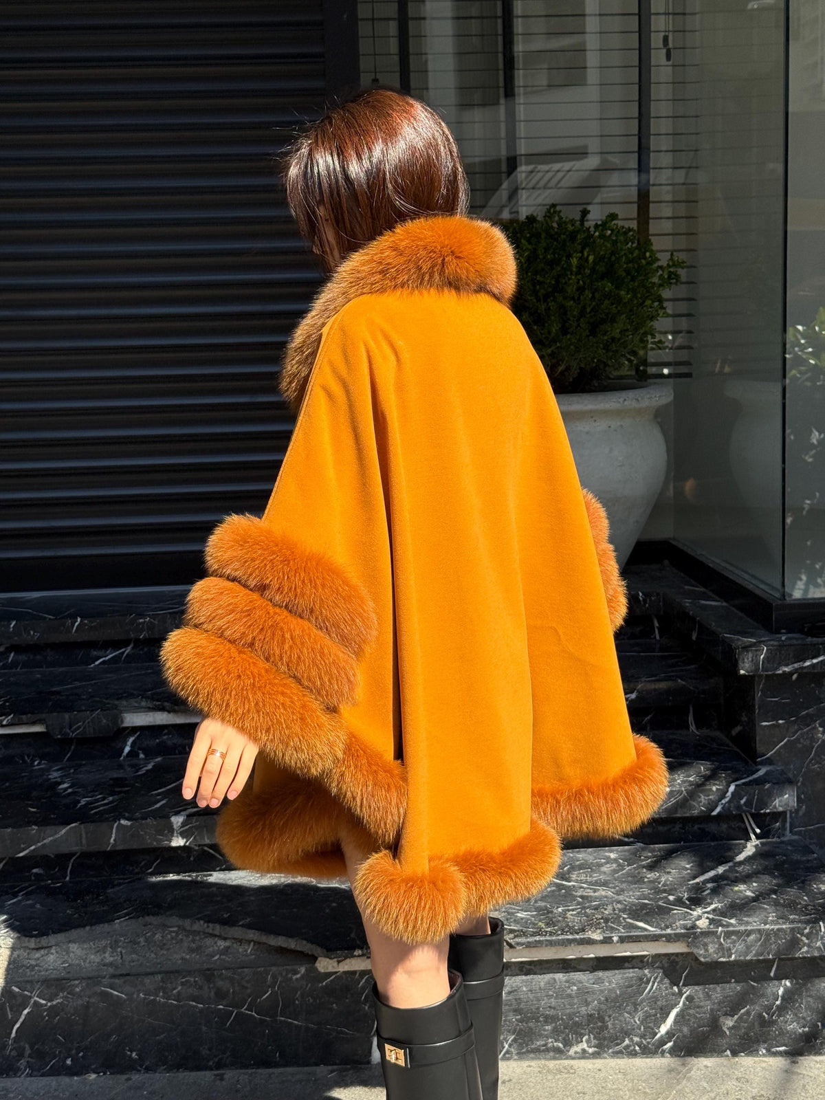 Mustard Cashmere Cape with Fox Fur Trim: Handmade Luxury Winter Shawl. Fox fur Jacket. Fox Fur shawl . Fox Fur Cape