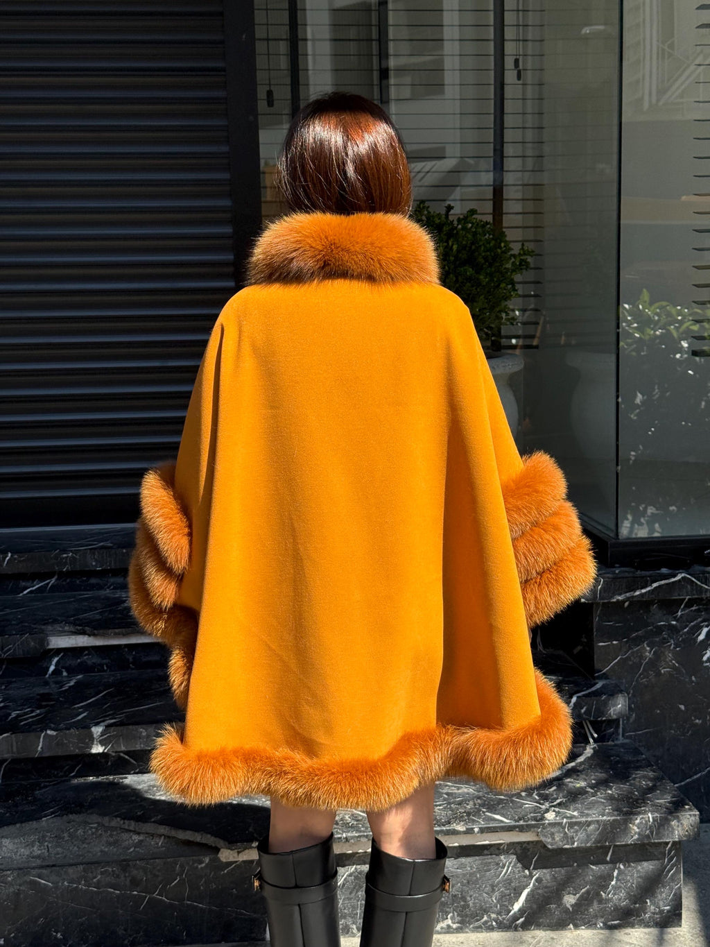 Mustard Cashmere Cape with Fox Fur Trim: Handmade Luxury Winter Shawl. Fox fur Jacket. Fox Fur shawl . Fox Fur Cape