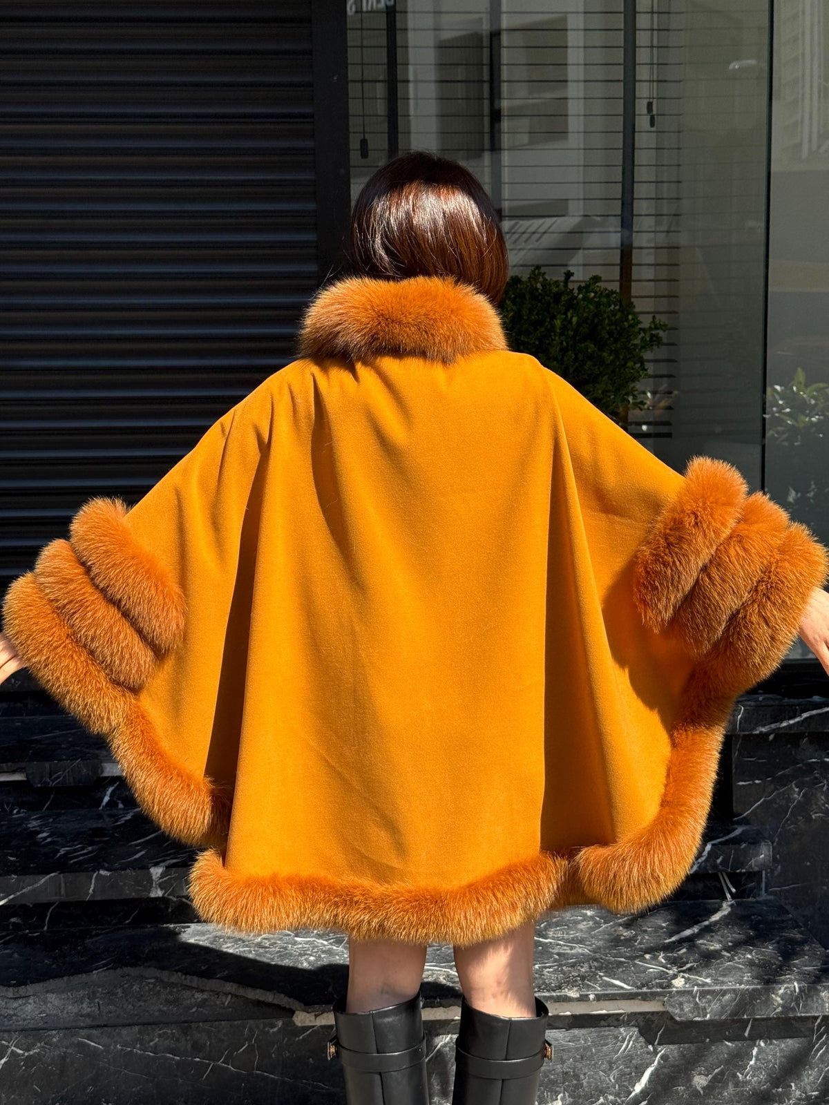 Mustard Cashmere Cape with Fox Fur Trim: Handmade Luxury Winter Shawl. Fox fur Jacket. Fox Fur shawl . Fox Fur Cape