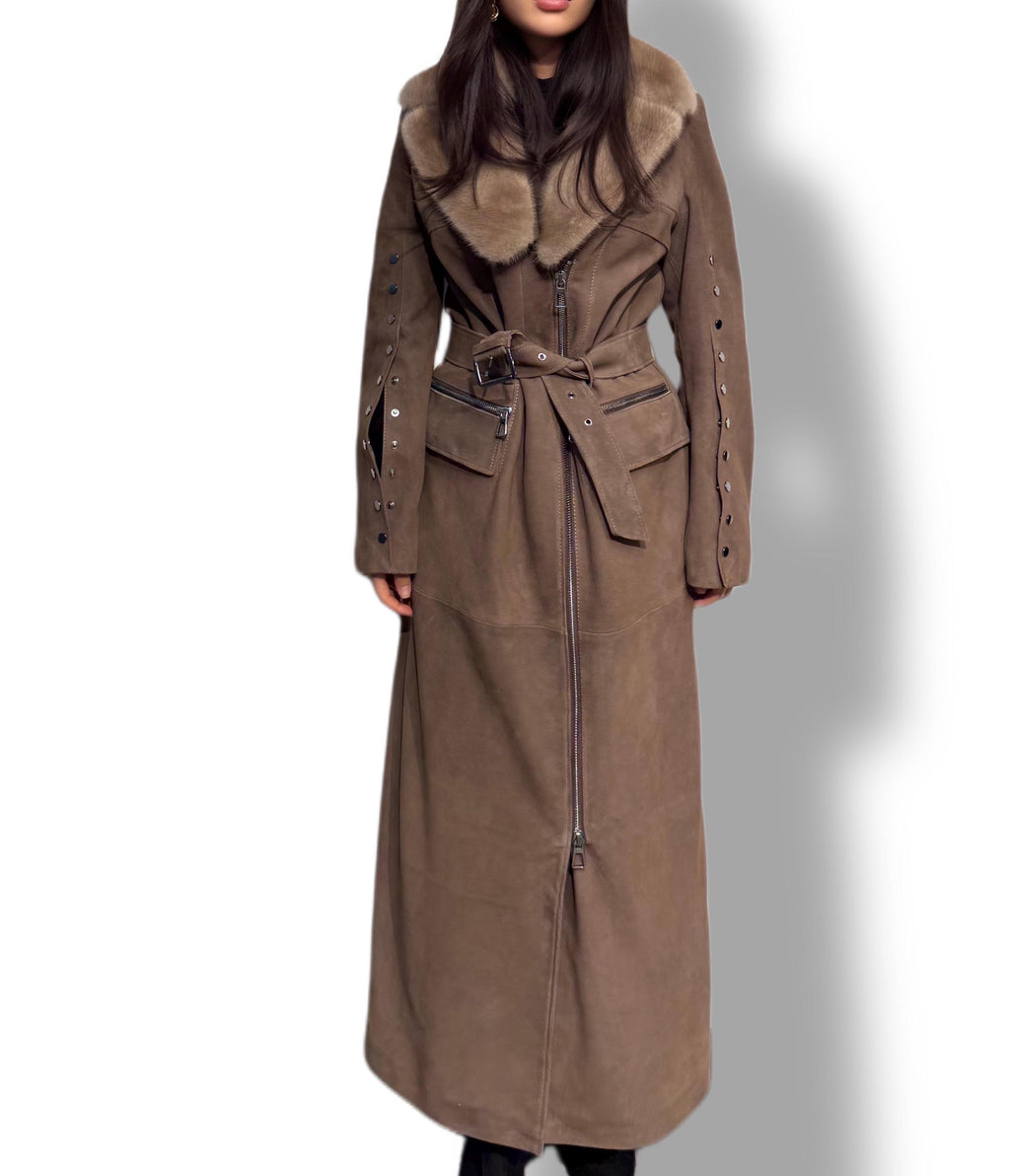 Whisky Brown Suede Trench Coat with Mink Fur Collar, Long Women Sheepskin Coat