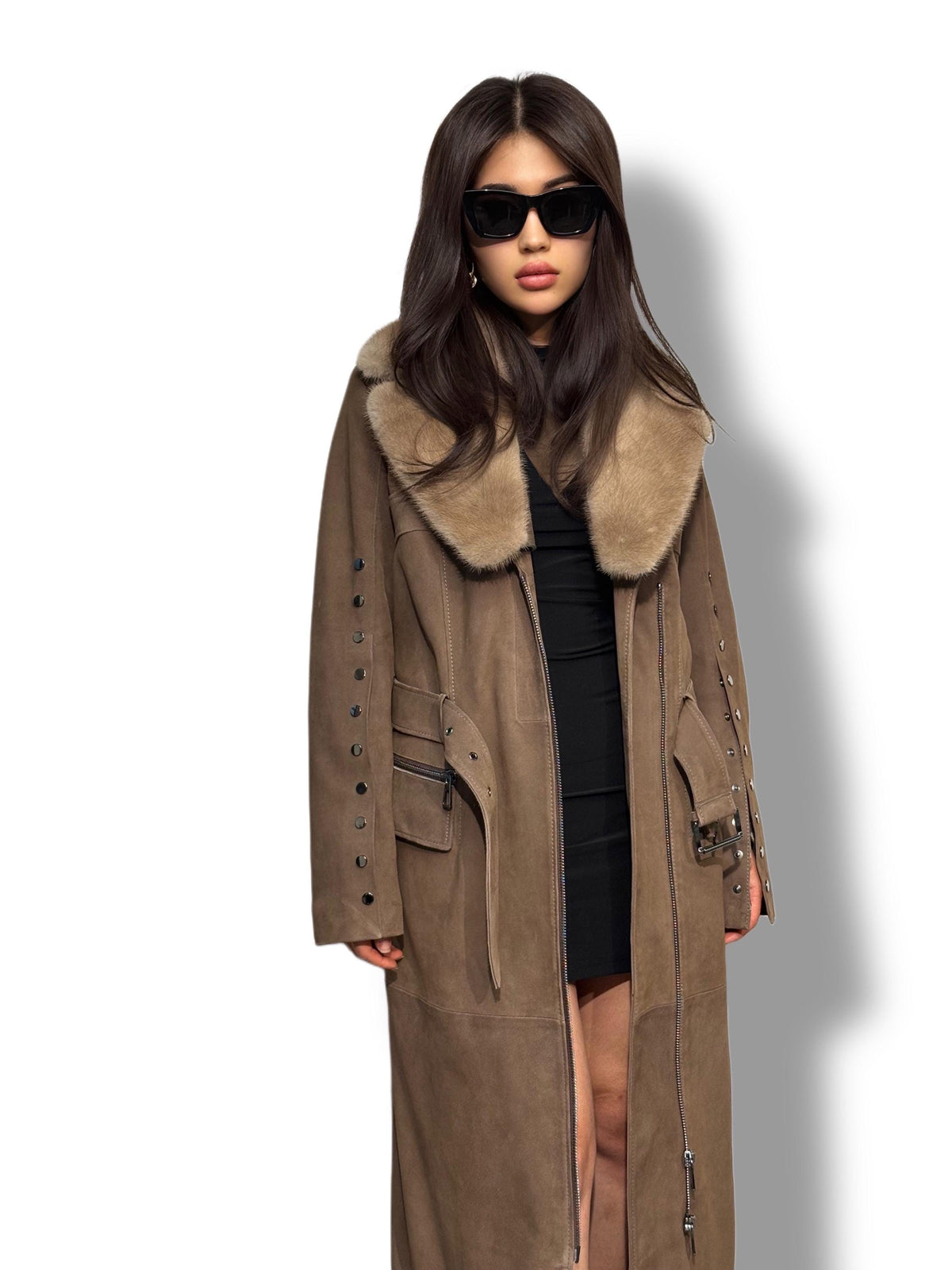 Whisky Brown Suede Trench Coat with Mink Fur Collar, Long Women Sheepskin Coat