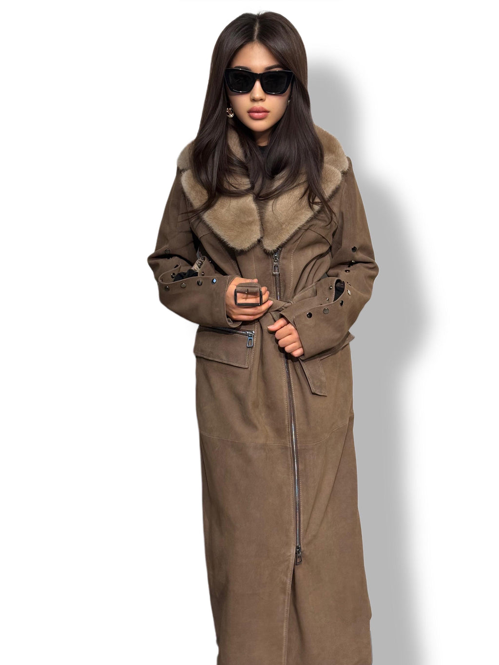 Whisky Brown Suede Trench Coat with Mink Fur Collar, Long Women Sheepskin Coat