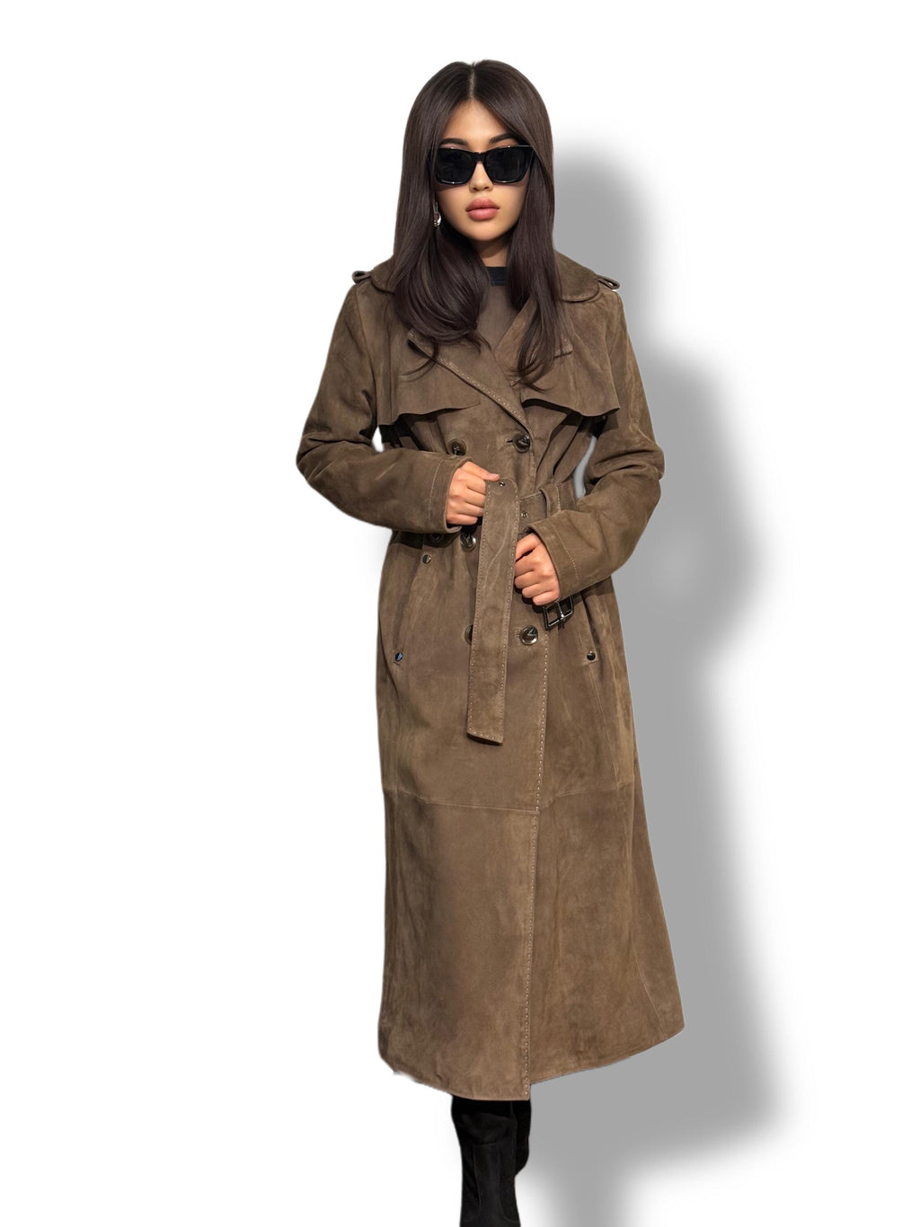 Whisky Brown Suede Trench Coat: Limited Edition Luxury Long Coat For Women