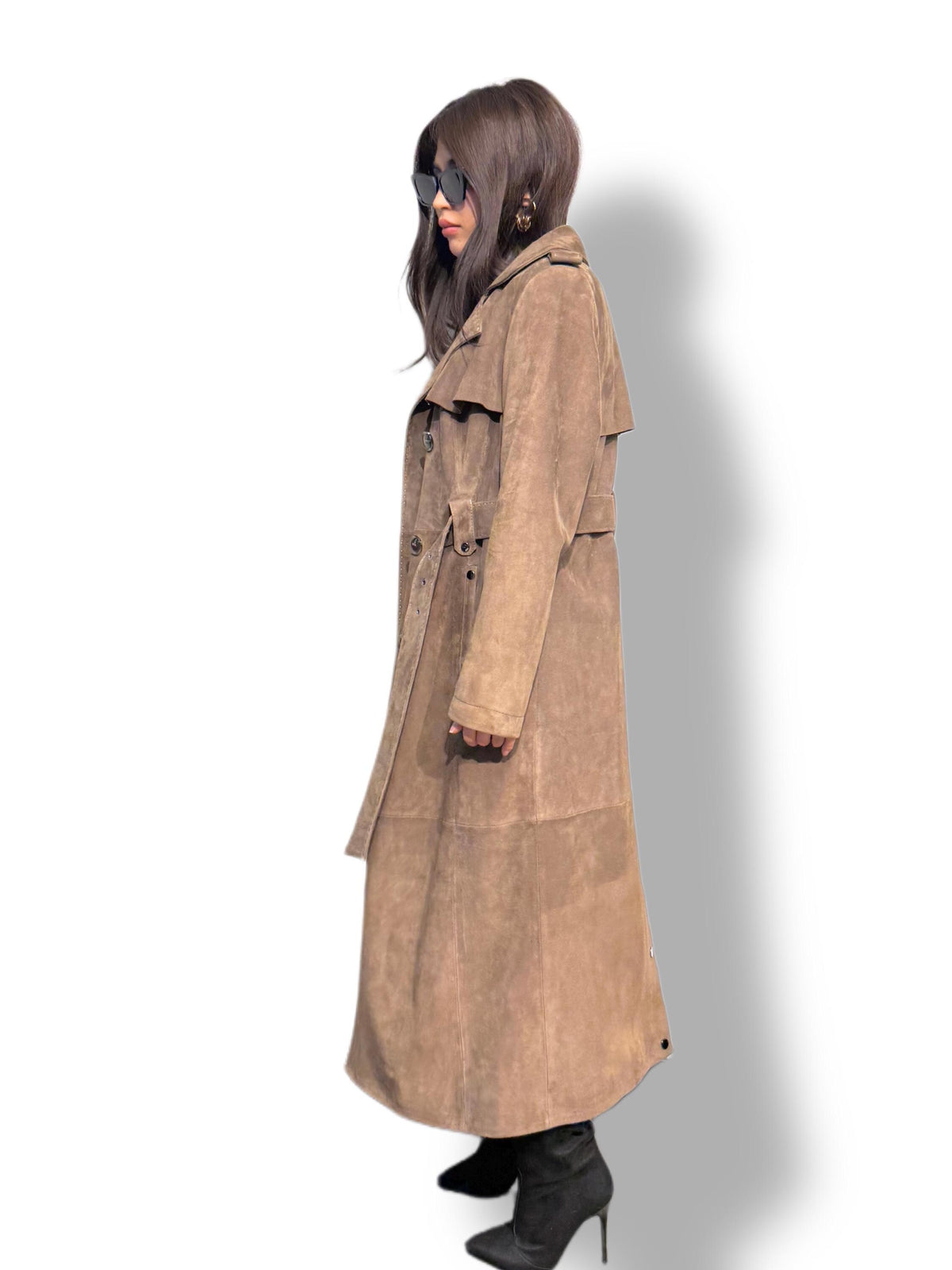 Whisky Brown Suede Trench Coat: Limited Edition Luxury Long Coat For Women