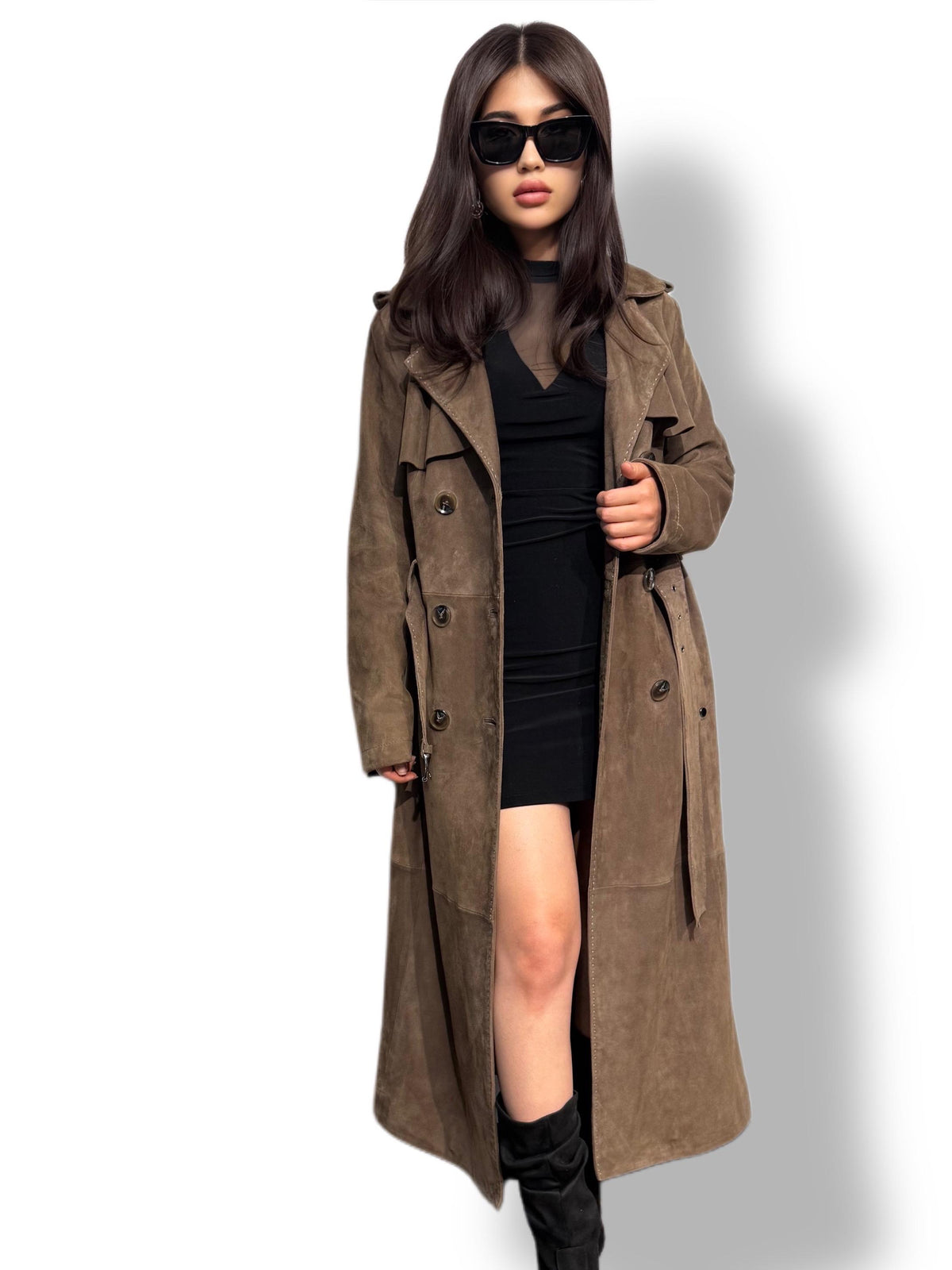Whisky Brown Suede Trench Coat: Limited Edition Luxury Long Coat For Women