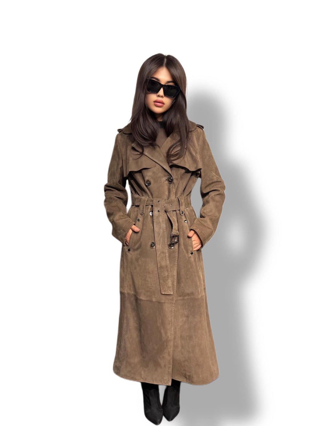 Whisky Brown Suede Trench Coat: Limited Edition Luxury Long Coat For Women