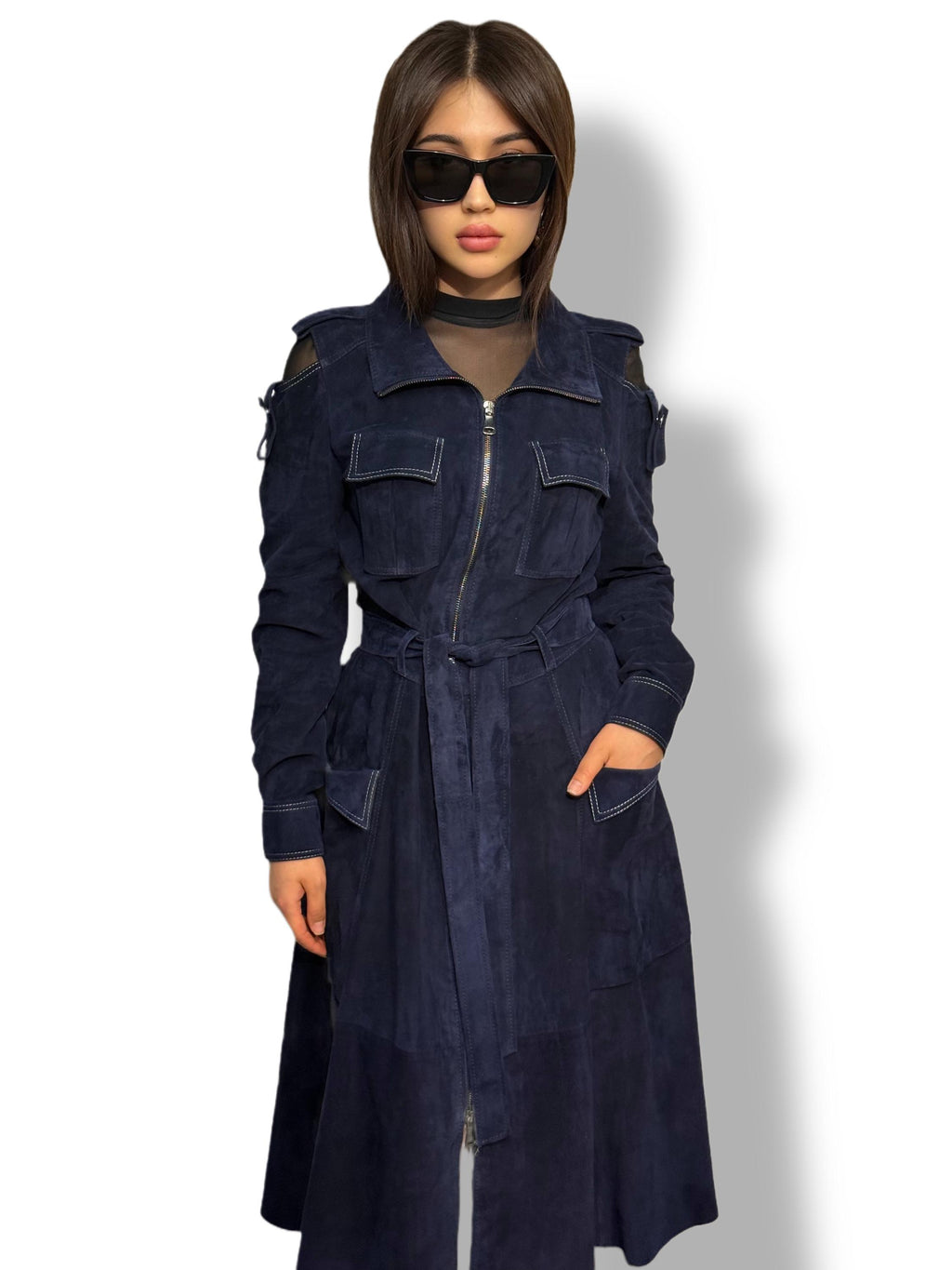 Blue Suede Trench Coat: Handmade Women's Long Coat