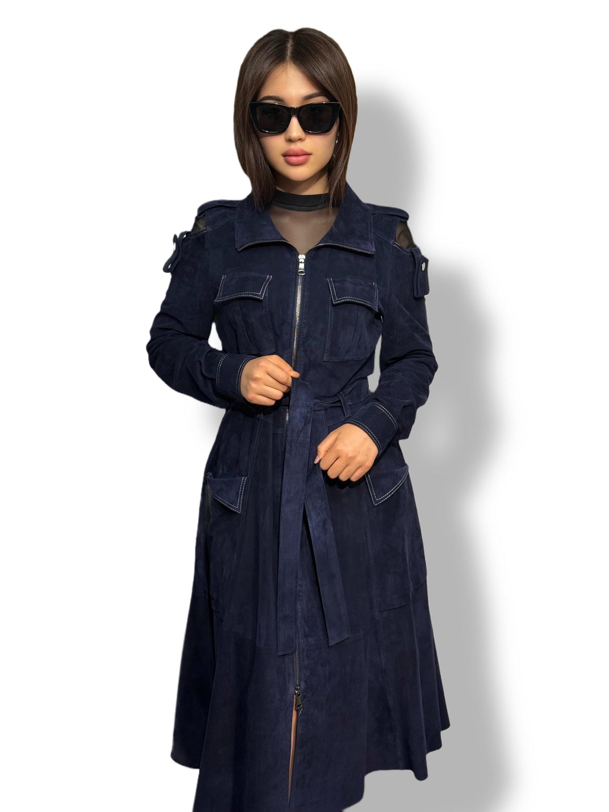 Blue Suede Trench Coat: Handmade Women's Long Coat