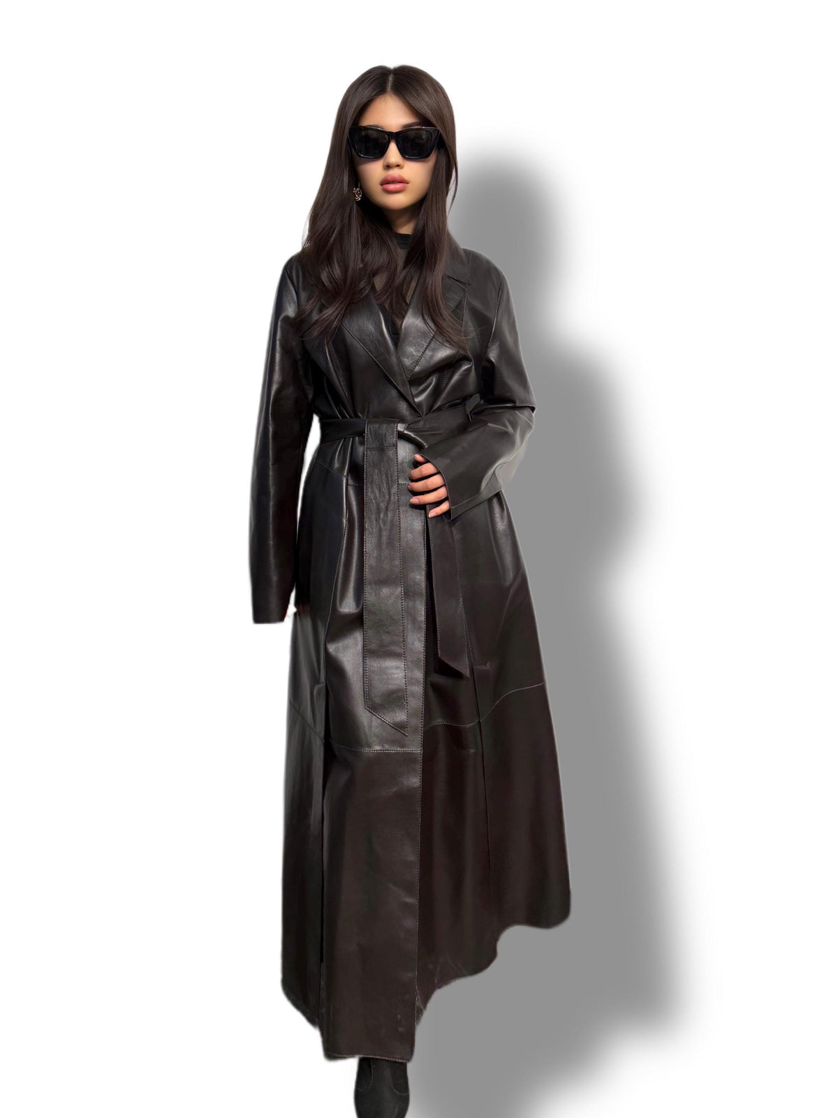 Dark Brown Leather Trench Coat: Elegant Women's Plus Size Sheepskin Coat For Women